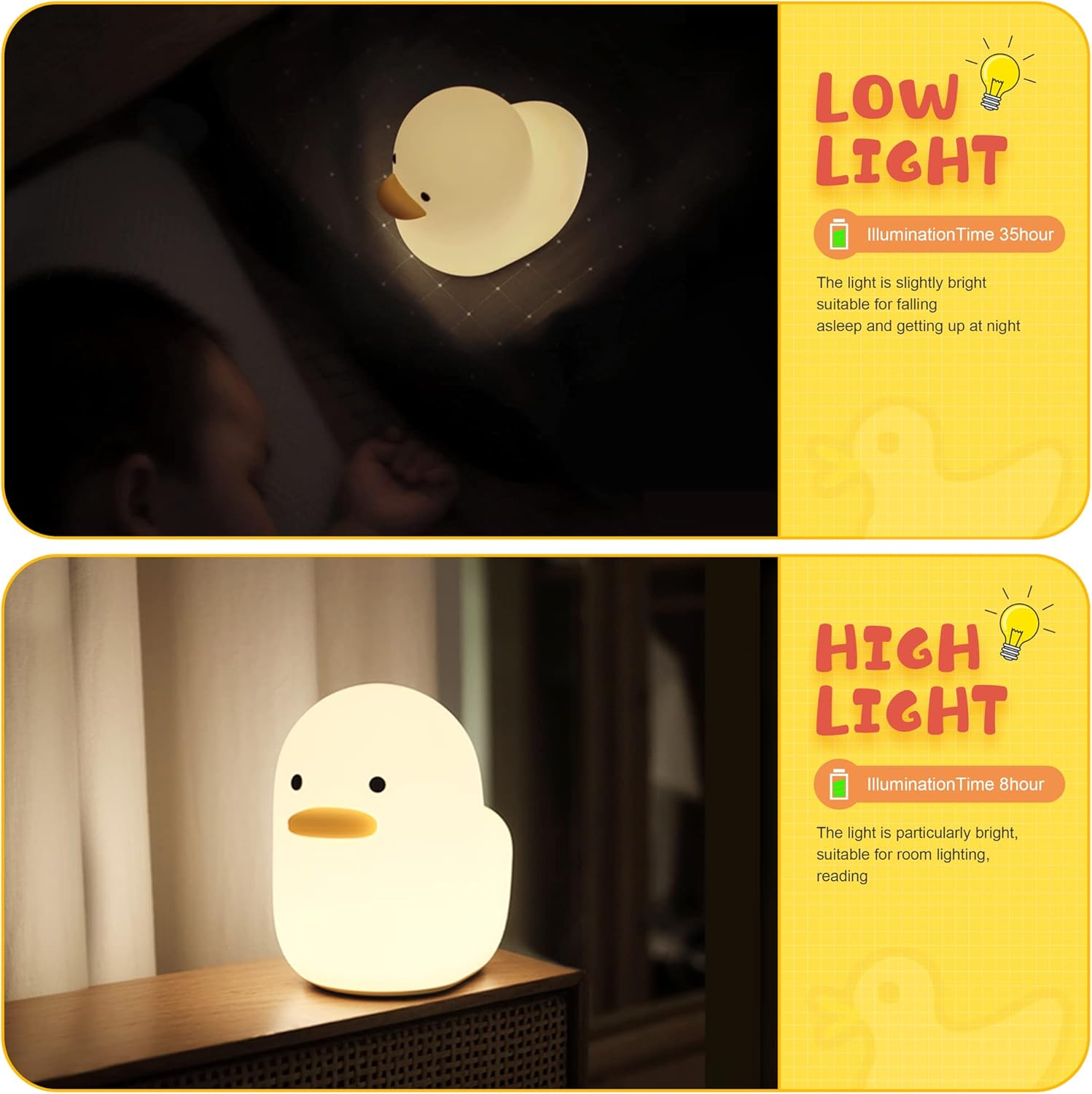 LED Duck Night Light, Cute Animal Silicone Nursery Night Light Rechargeable Table Lamp Bedside Lamp with Touch Sensor for Women Bedrooms, Livin - Image 3