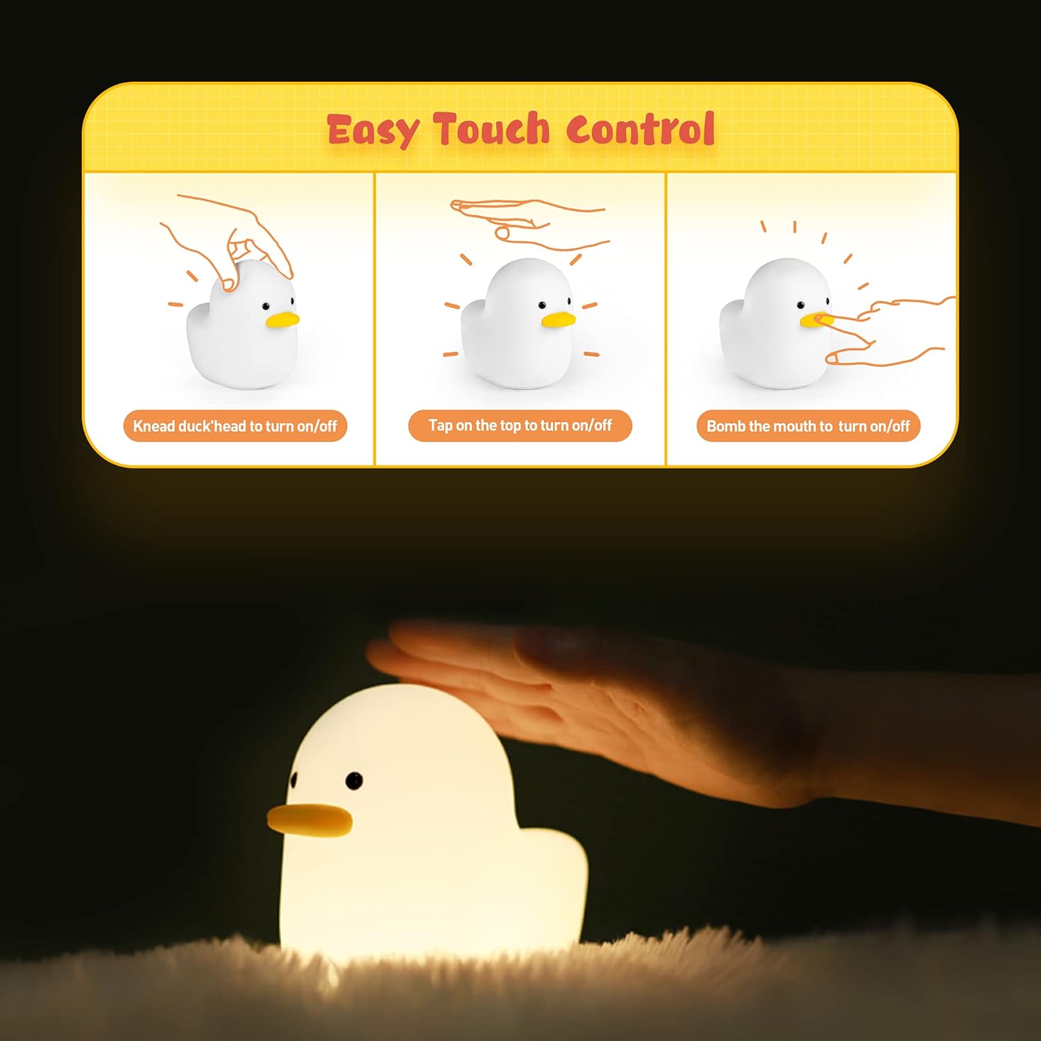 LED Duck Night Light, Cute Animal Silicone Nursery Night Light Rechargeable Table Lamp Bedside Lamp with Touch Sensor for Women Bedrooms, Livin - Image 5