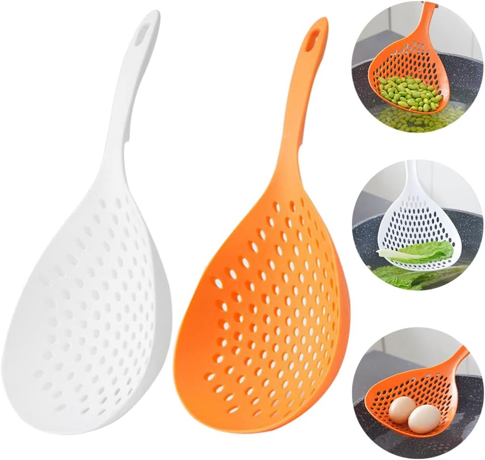 2 Pieces Strainer Scoop Colander Slotted Pasta Spoon Plastic Skimmer Spoon with Handle Food Drain Shovel for Kitchen Cooking, White and Orange 13.8x5.4 - Image 1