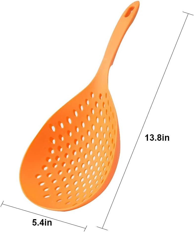 2 Pieces Strainer Scoop Colander Slotted Pasta Spoon Plastic Skimmer Spoon with Handle Food Drain Shovel for Kitchen Cooking, White and Orange 13.8x5.4 - Image 2