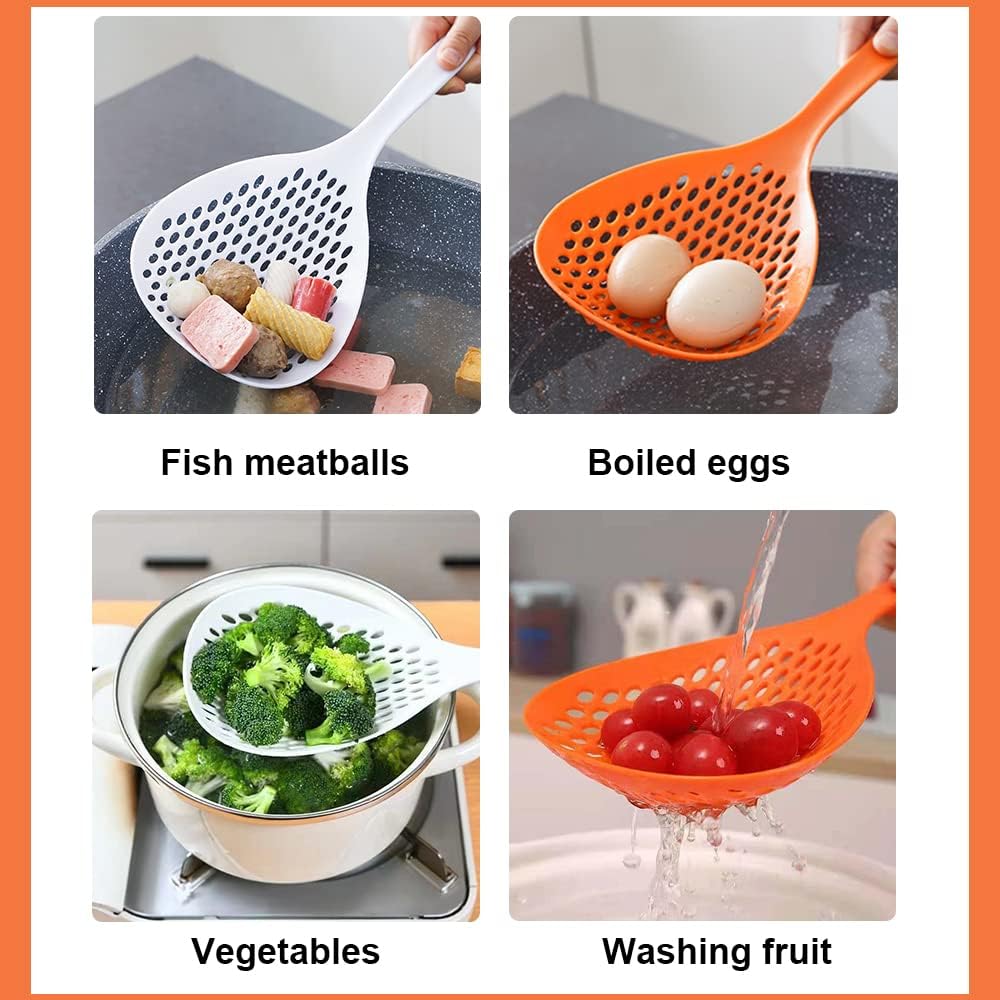 2 Pieces Strainer Scoop Colander Slotted Pasta Spoon Plastic Skimmer Spoon with Handle Food Drain Shovel for Kitchen Cooking, White and Orange 13.8x5.4 - Image 6