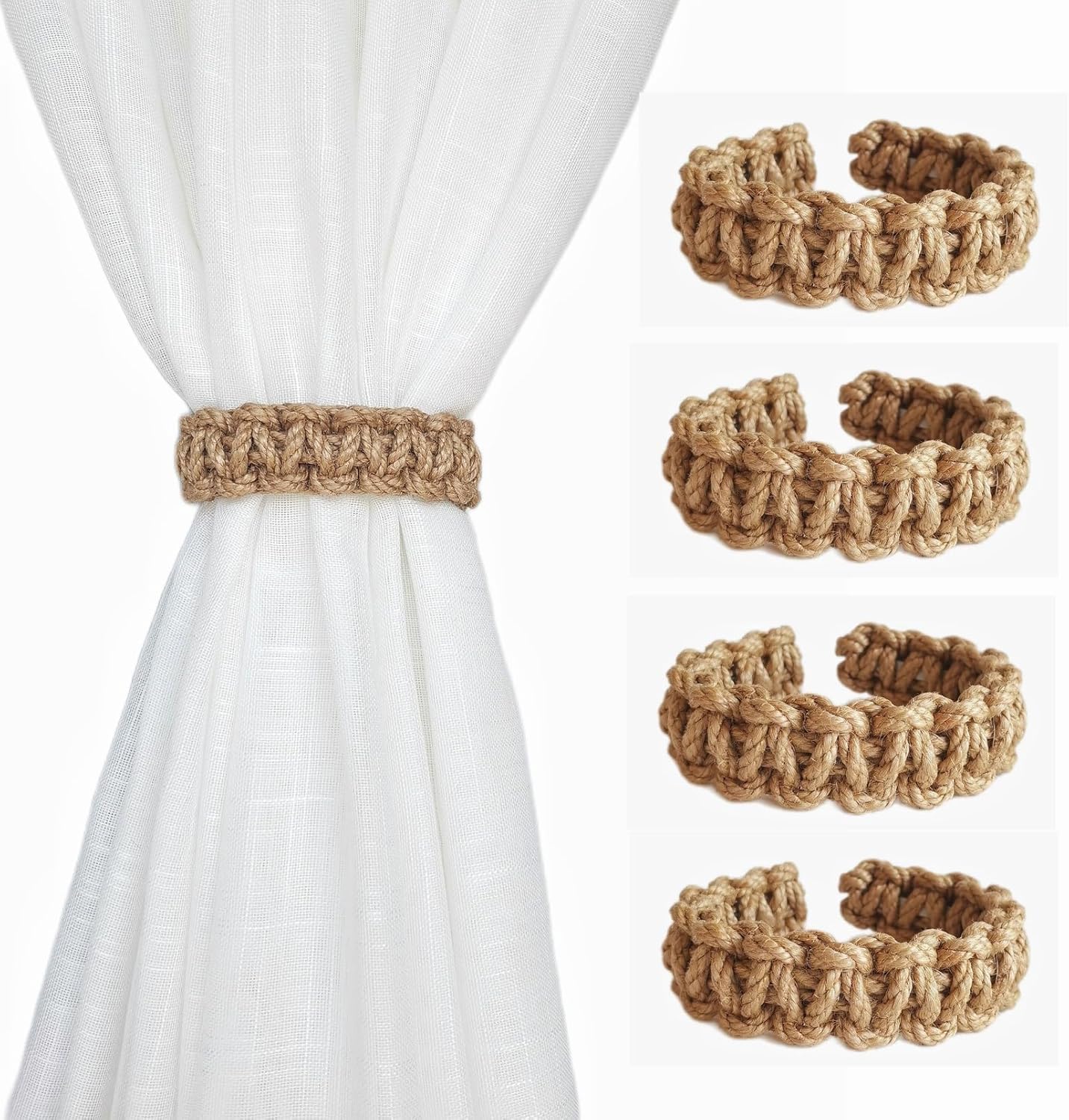 Braided Curtain Tiebacks for Drapes, Rustic Curtain holdbacks Set of 4, Handmade Curtain Ties for Sheer/Light Weight Drapes - Image 1