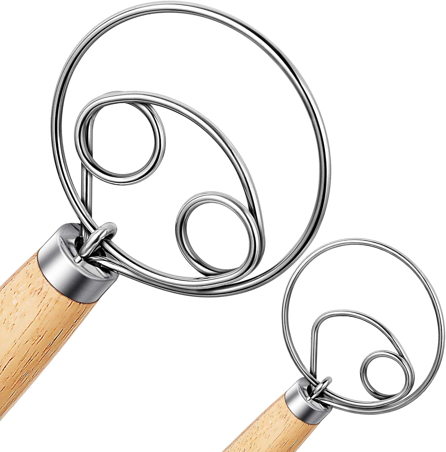 Danish Dough Whisk 2Pcs, Dutch Bread Whisk Hook, 13 Inch Premium Pastry Whisks, Wooden Hand Mixer, Stainless Steel Sourdough Baking Tools for Bread, Batter, Cake and More - Image 1