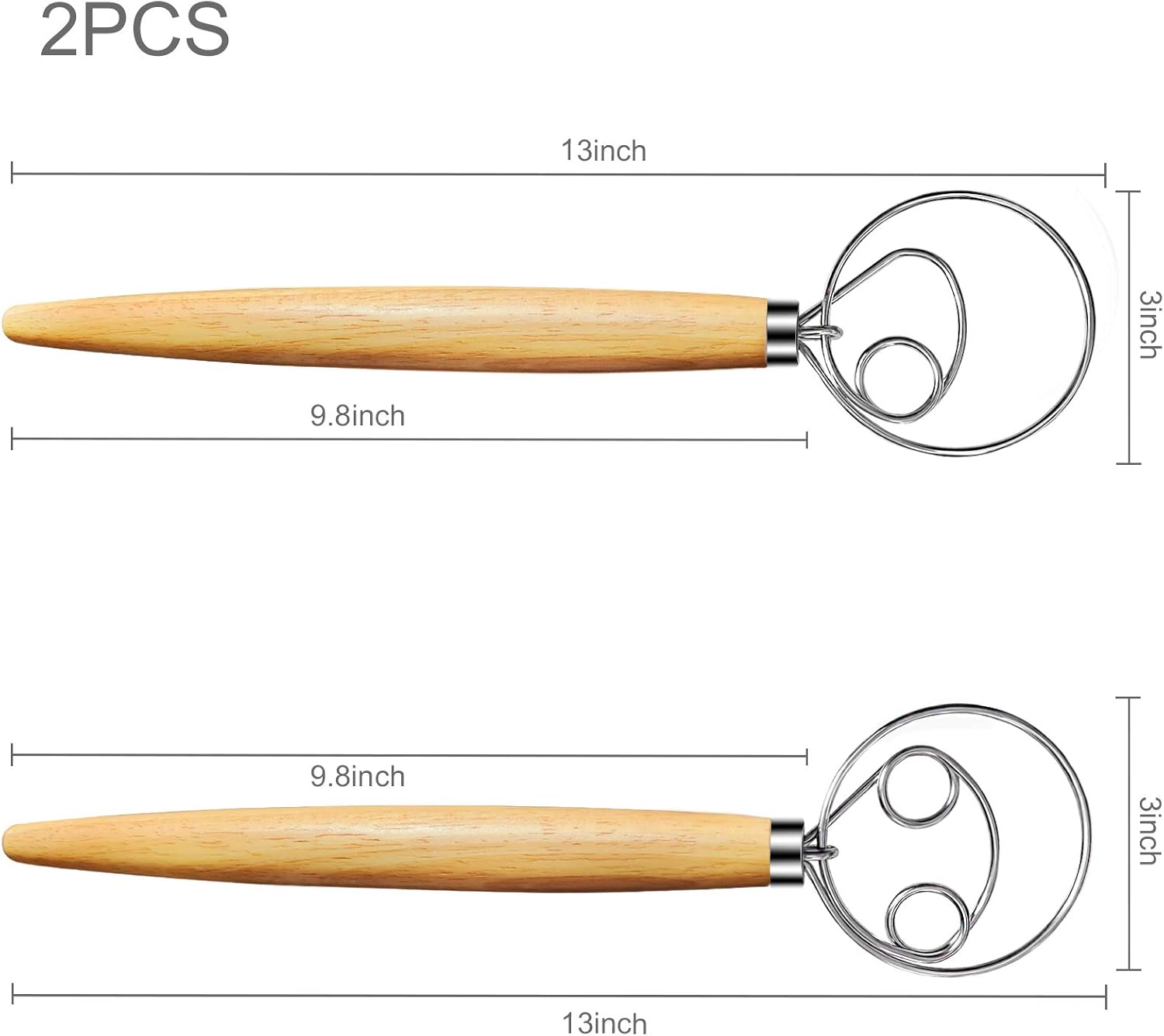 Danish Dough Whisk 2Pcs, Dutch Bread Whisk Hook, 13 Inch Premium Pastry Whisks, Wooden Hand Mixer, Stainless Steel Sourdough Baking Tools for Bread, Batter, Cake and More - Image 2