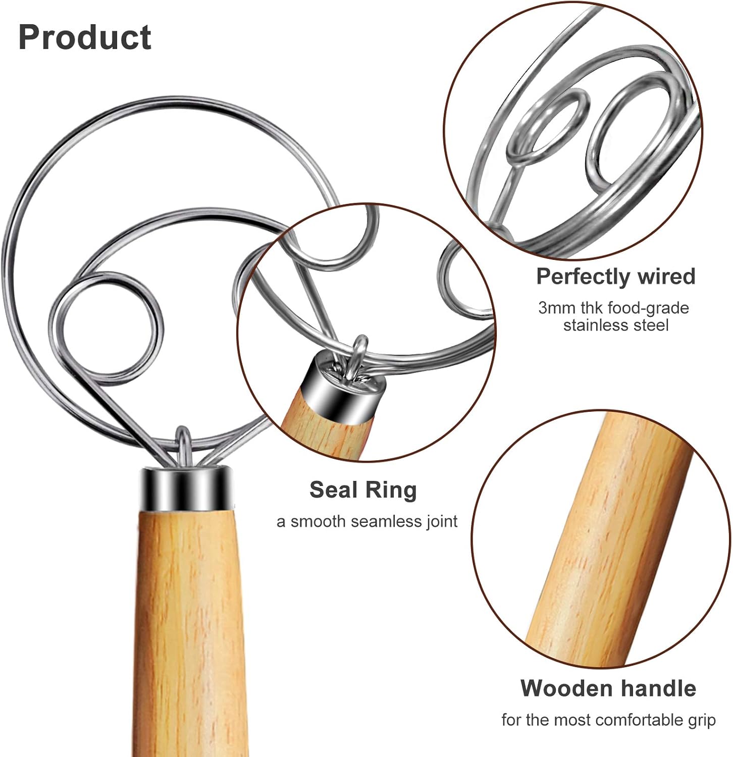 Danish Dough Whisk 2Pcs, Dutch Bread Whisk Hook, 13 Inch Premium Pastry Whisks, Wooden Hand Mixer, Stainless Steel Sourdough Baking Tools for Bread, Batter, Cake and More - Image 3