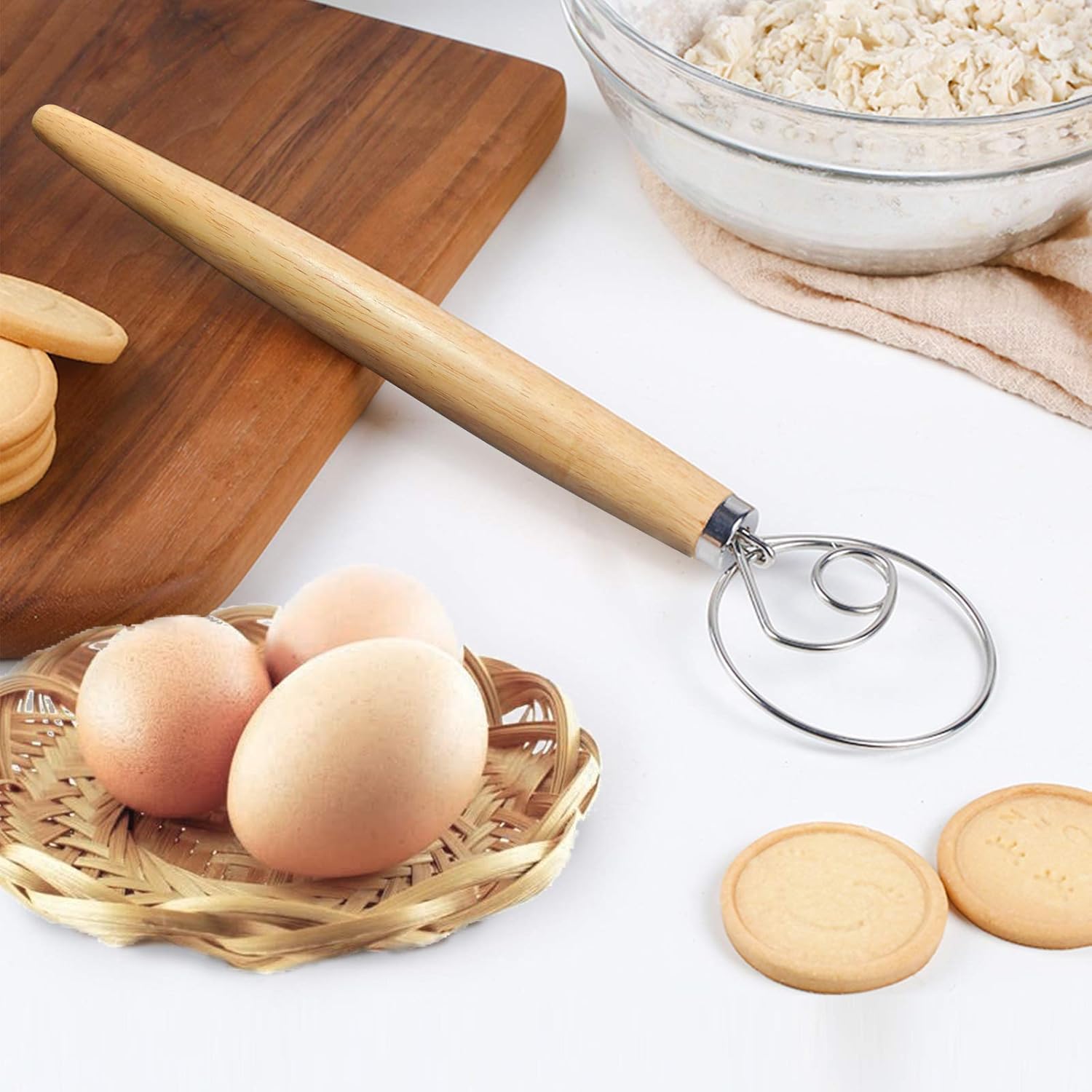 Danish Dough Whisk 2Pcs, Dutch Bread Whisk Hook, 13 Inch Premium Pastry Whisks, Wooden Hand Mixer, Stainless Steel Sourdough Baking Tools for Bread, Batter, Cake and More - Image 4