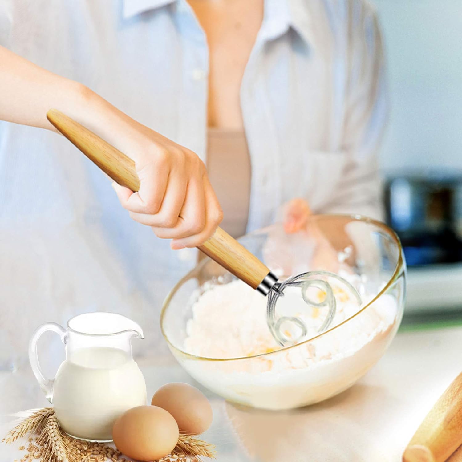 Danish Dough Whisk 2Pcs, Dutch Bread Whisk Hook, 13 Inch Premium Pastry Whisks, Wooden Hand Mixer, Stainless Steel Sourdough Baking Tools for Bread, Batter, Cake and More - Image 6