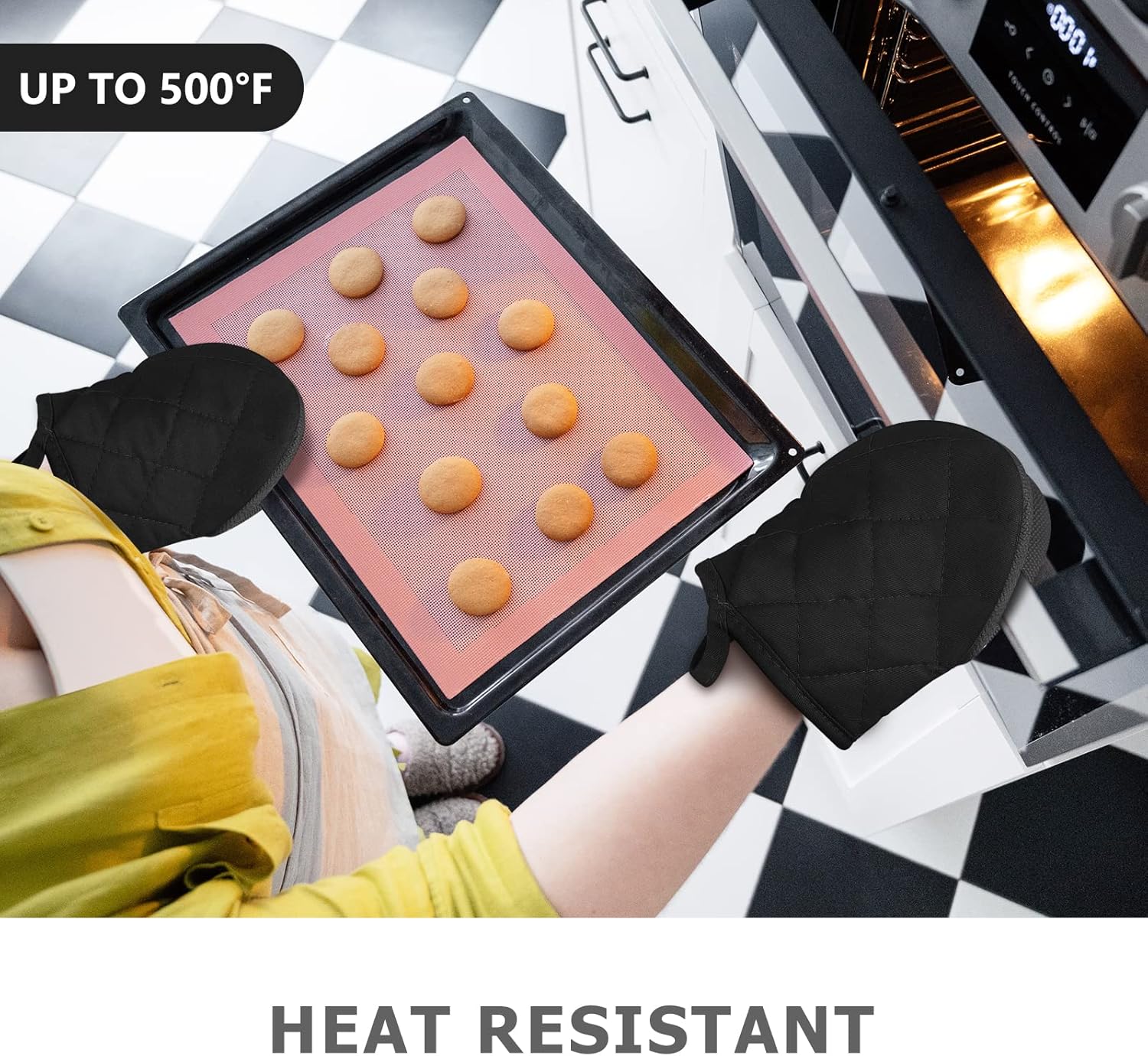 1 Pair Short Oven Mitts - Silicone Kitchen Oven Gloves High Heat Resistant 500℉, Mini Oven Mits with Non-Slip Grip Surfaces and Hanging Loop for BBQ, Baking, Cooking and Grilling (Black) - Image 2
