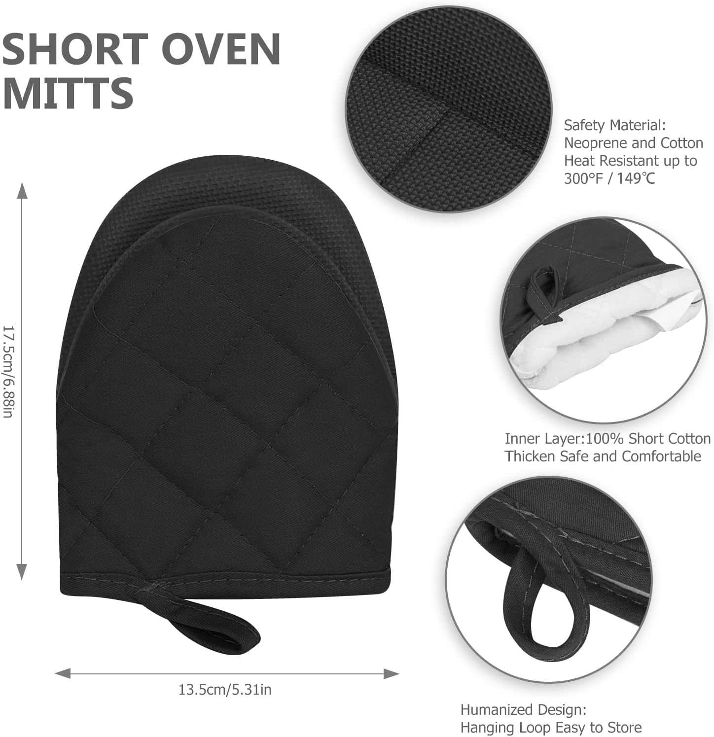 1 Pair Short Oven Mitts - Silicone Kitchen Oven Gloves High Heat Resistant 500℉, Mini Oven Mits with Non-Slip Grip Surfaces and Hanging Loop for BBQ, Baking, Cooking and Grilling (Black) - Image 3