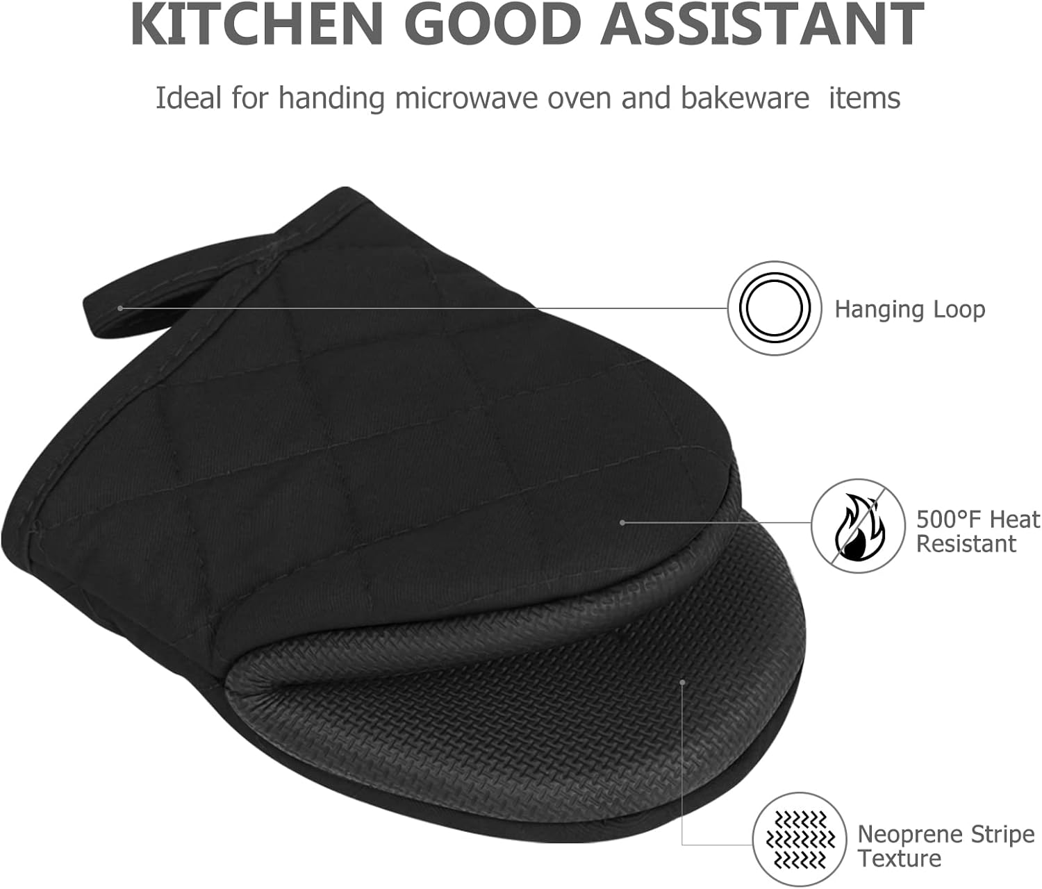 1 Pair Short Oven Mitts - Silicone Kitchen Oven Gloves High Heat Resistant 500℉, Mini Oven Mits with Non-Slip Grip Surfaces and Hanging Loop for BBQ, Baking, Cooking and Grilling (Black) - Image 4