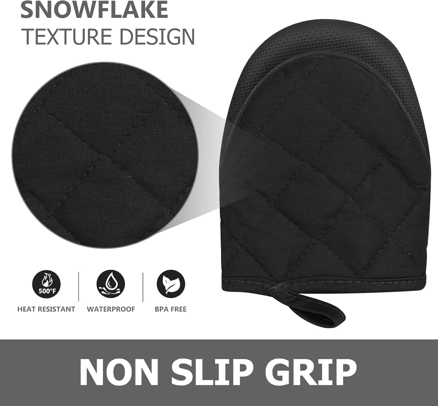 1 Pair Short Oven Mitts - Silicone Kitchen Oven Gloves High Heat Resistant 500℉, Mini Oven Mits with Non-Slip Grip Surfaces and Hanging Loop for BBQ, Baking, Cooking and Grilling (Black) - Image 5