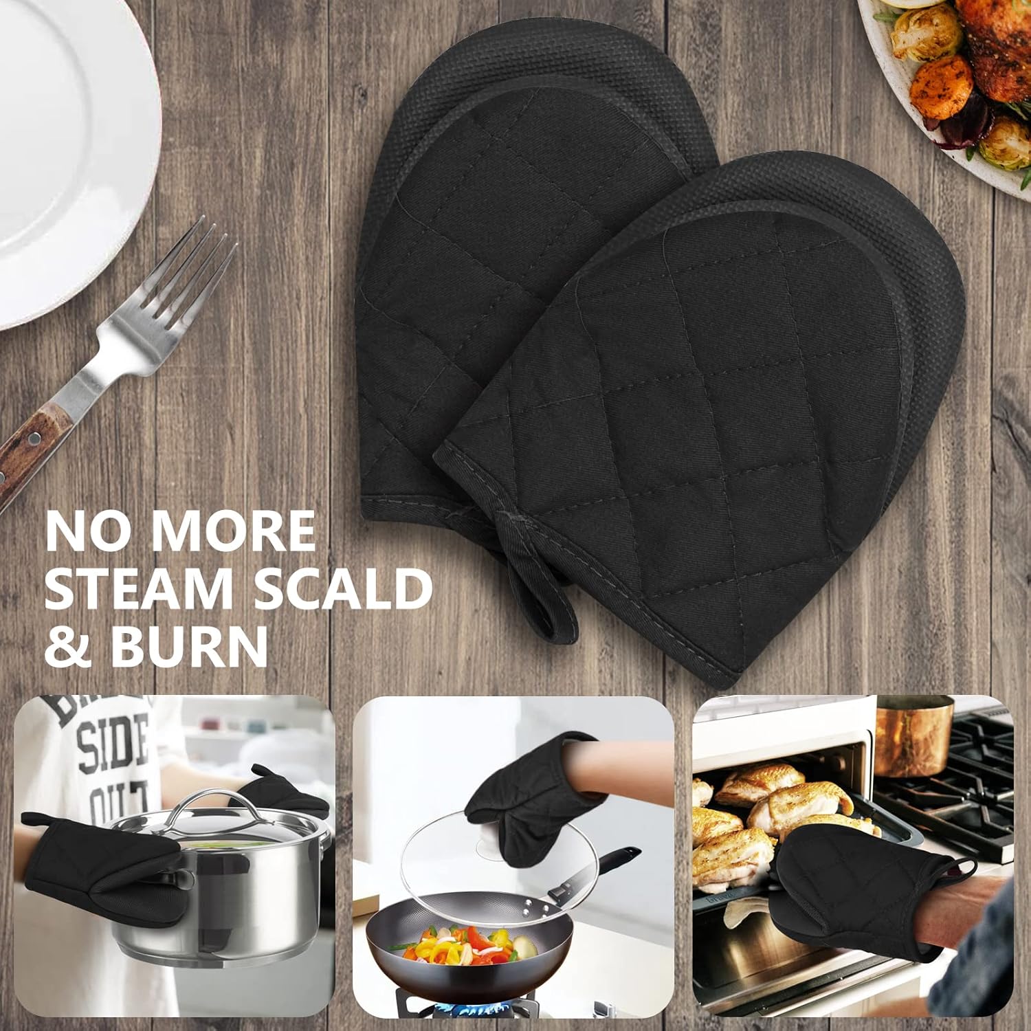 1 Pair Short Oven Mitts - Silicone Kitchen Oven Gloves High Heat Resistant 500℉, Mini Oven Mits with Non-Slip Grip Surfaces and Hanging Loop for BBQ, Baking, Cooking and Grilling (Black) - Image 7