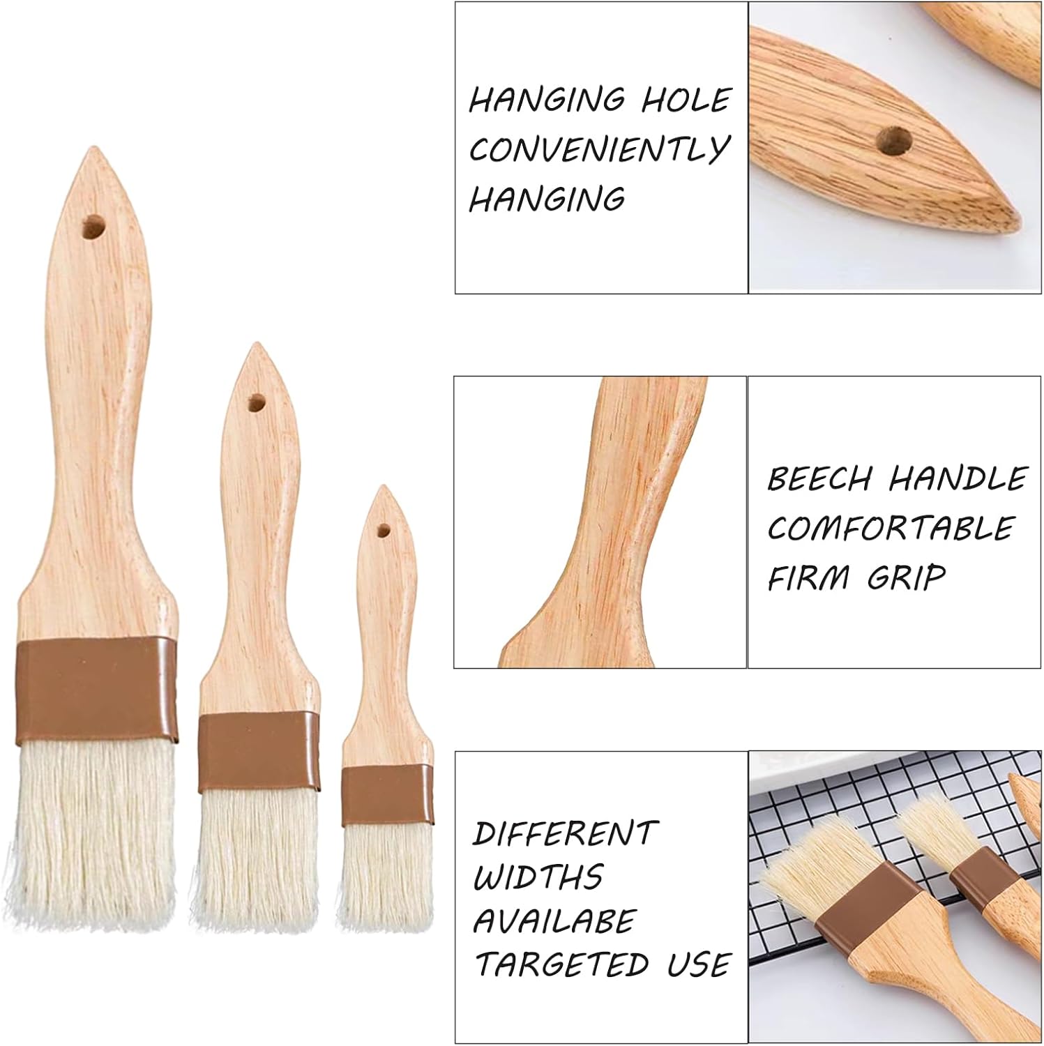 Pastry Brush for Baking Cooking Kitchen, Hardwood Handle Basting Brush for Spreading Oil BBQ Grilling Sauce Baster Marinade - Image 2