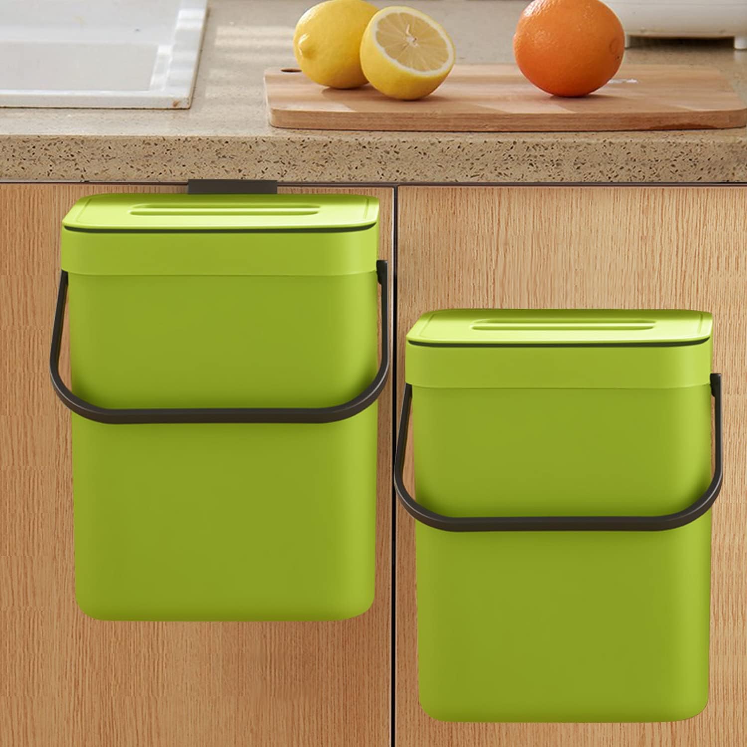 Small Plastic Trash Can, Hanging Small Trash Can with Lid Under Sink for Kitchen, Food Waste Bin for Countertop, Mountable Garbage Can for Bathroom, RV, 5L/1.3 Gal, Green - Image 1
