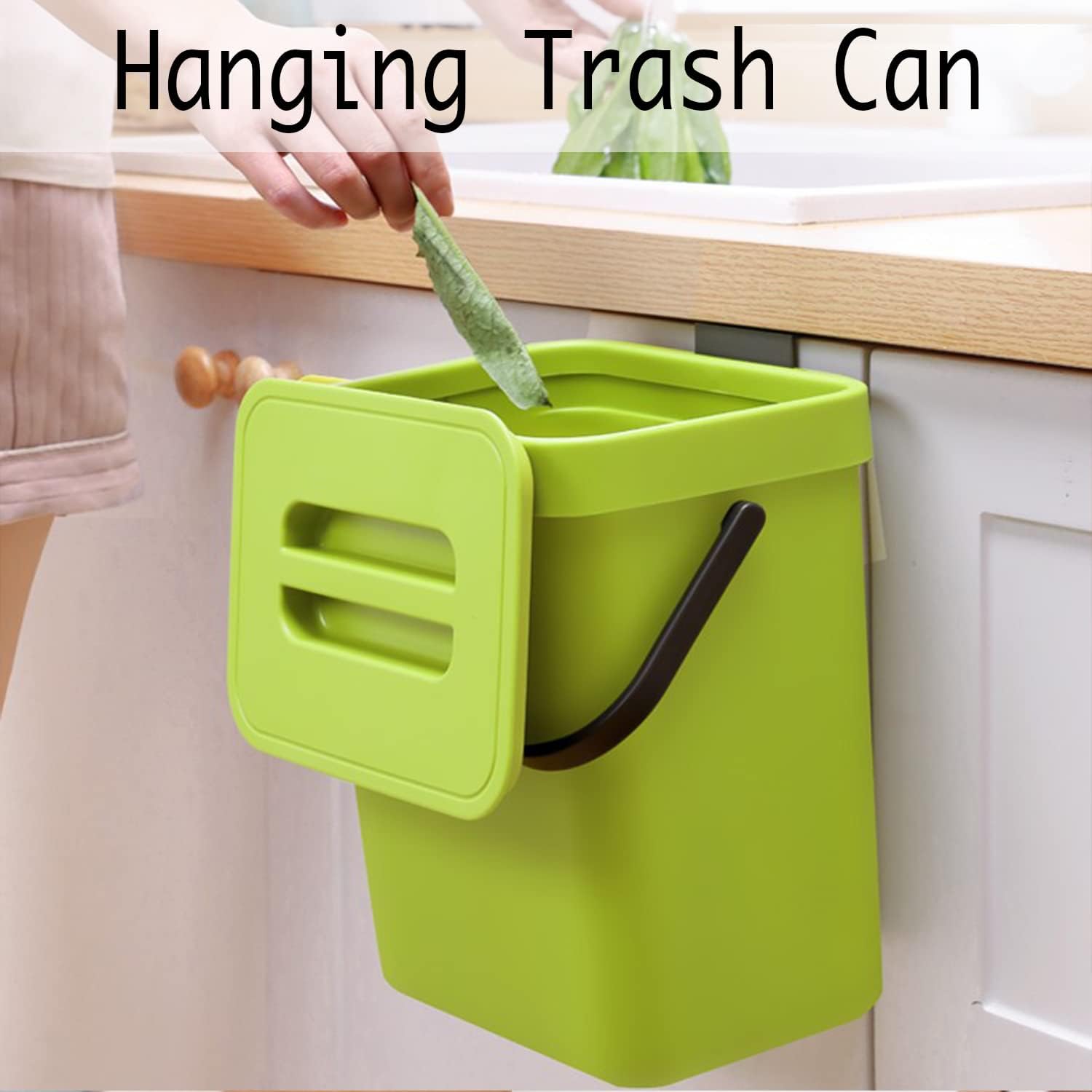 Small Plastic Trash Can, Hanging Small Trash Can with Lid Under Sink for Kitchen, Food Waste Bin for Countertop, Mountable Garbage Can for Bathroom, RV, 5L/1.3 Gal, Green - Image 2