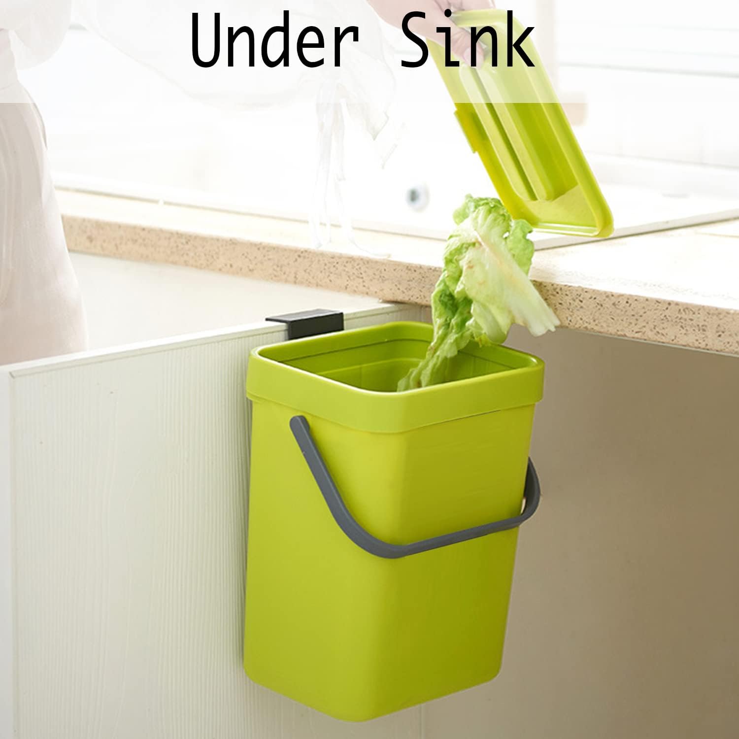 Small Plastic Trash Can, Hanging Small Trash Can with Lid Under Sink for Kitchen, Food Waste Bin for Countertop, Mountable Garbage Can for Bathroom, RV, 5L/1.3 Gal, Green - Image 3