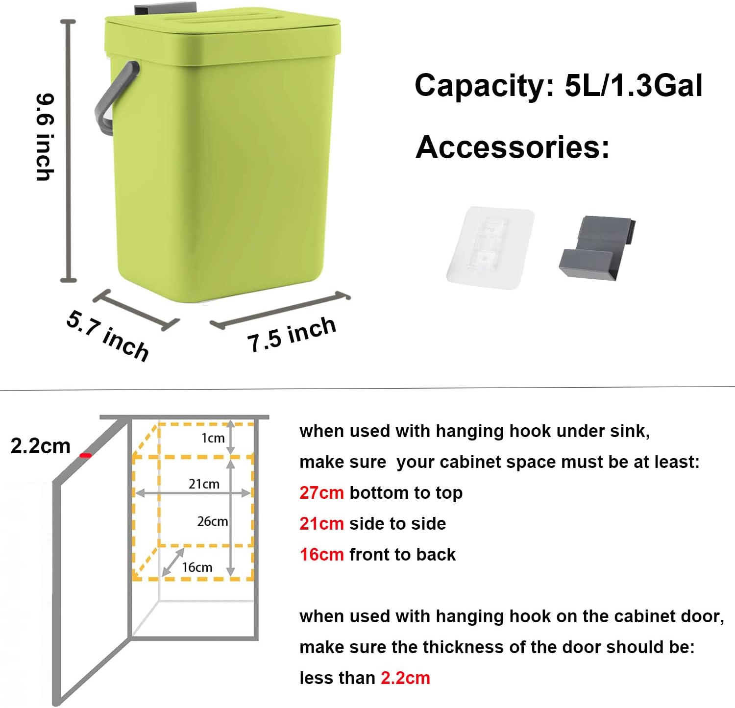 Small Plastic Trash Can, Hanging Small Trash Can with Lid Under Sink for Kitchen, Food Waste Bin for Countertop, Mountable Garbage Can for Bathroom, RV, 5L/1.3 Gal, Green - Image 7