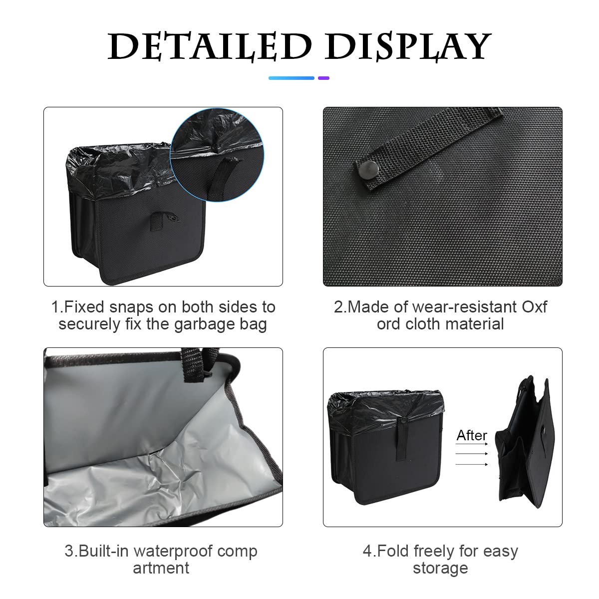 Foldable Car Trash Can, 1.85 Gallons Hanging Waterproof Leakproof Trash Can Storage Bag for Car with Large Capacity, Car Interior Accessories (Black, Small) - Image 3