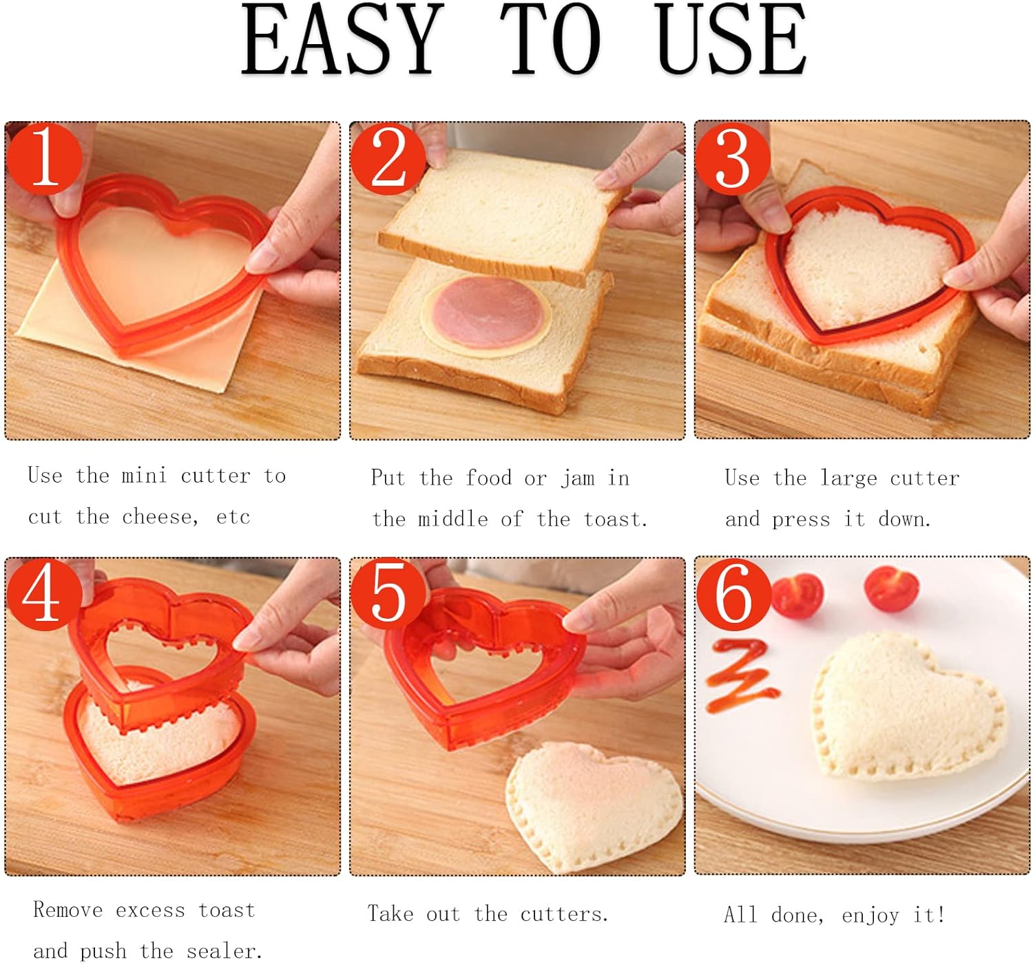 Sandwich Cutter and Sealer,Pack of 2 Bread Sandwich Pancake Maker,Kids Lunch Pastry Bread Cutter,Great for Lunchbox and Bento Box,Boys and Girls Kids Lunch(Heart,Round),blue,red - Image 4