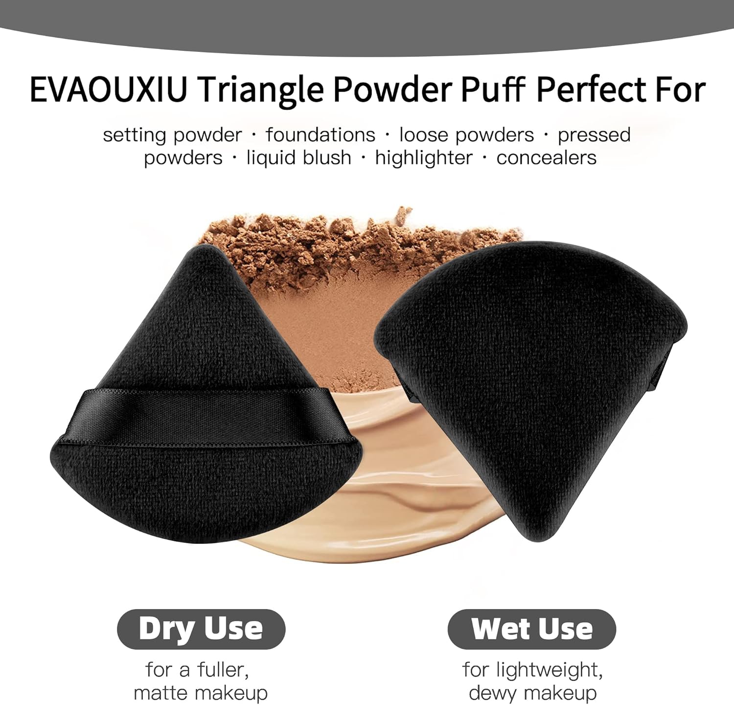 2 Pcs  Triangle Powder Puff for Face Powder, Soft Plush Setting Powder Puff, Velour Cosmetic Foundation Blender Sponge Beauty Makeup Tools (Black) - Image 5