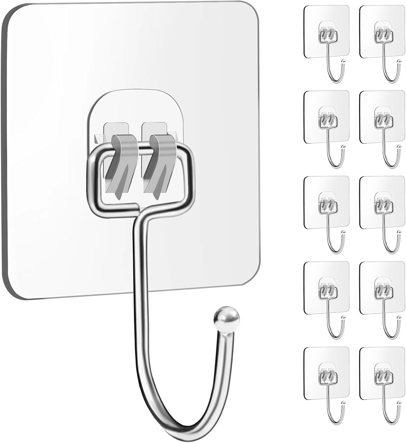 10 Packs Large Wall Hooks for Hanging Heavy Duty 33lb(Max), Waterproof Transparent Adhesive Wall Hooks Wall Hangers Without Nails Sticky Hooks for Bathroom Shower Kitchen Door Utility Hooks Hanger - Image 1