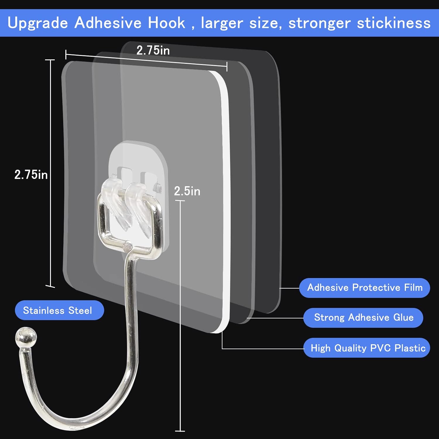 10 Packs Large Wall Hooks for Hanging Heavy Duty 33lb(Max), Waterproof Transparent Adhesive Wall Hooks Wall Hangers Without Nails Sticky Hooks for Bathroom Shower Kitchen Door Utility Hooks Hanger - Image 2