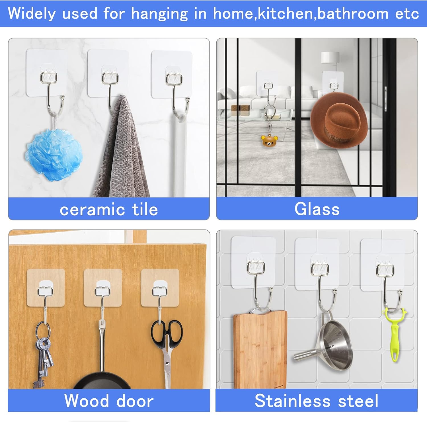 10 Packs Large Wall Hooks for Hanging Heavy Duty 33lb(Max), Waterproof Transparent Adhesive Wall Hooks Wall Hangers Without Nails Sticky Hooks for Bathroom Shower Kitchen Door Utility Hooks Hanger - Image 4