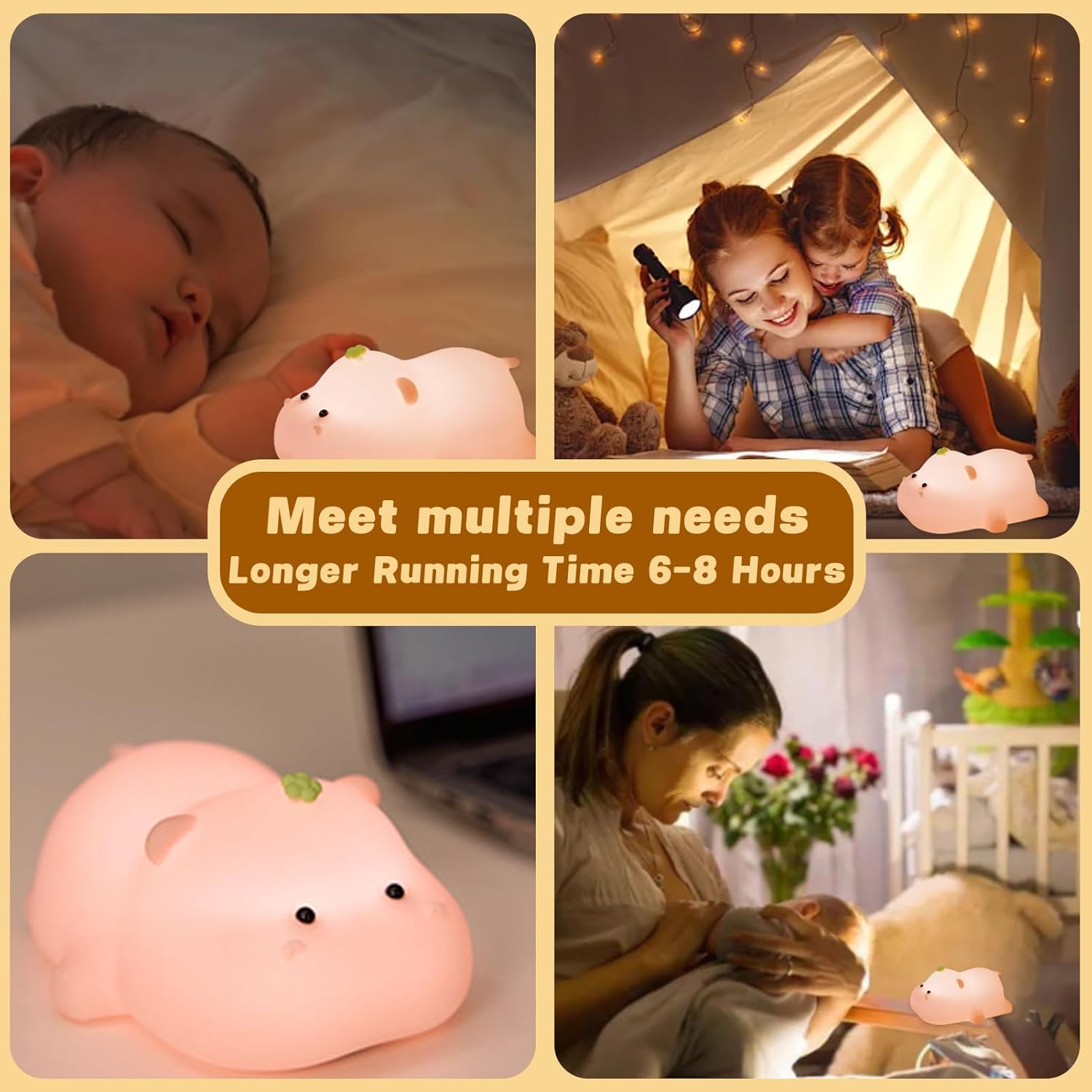 Silicone Night Light, Kids Night Light, Cute Hippo Design, Rechargeable, Pink - Image 7