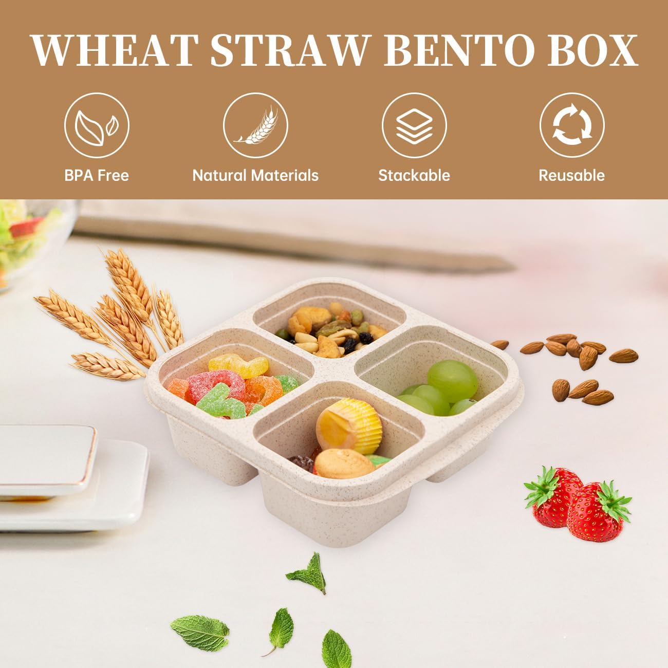 5 Pack Bento Lunch Box，4 Compartment Snack Containers，Divided Bento Snack Box，Meal Prep Lunch Containers, Lunch Box Kids/Toddle/Adults,Food Storage Containers for School, Work and Travel (5 pack) - Image 3
