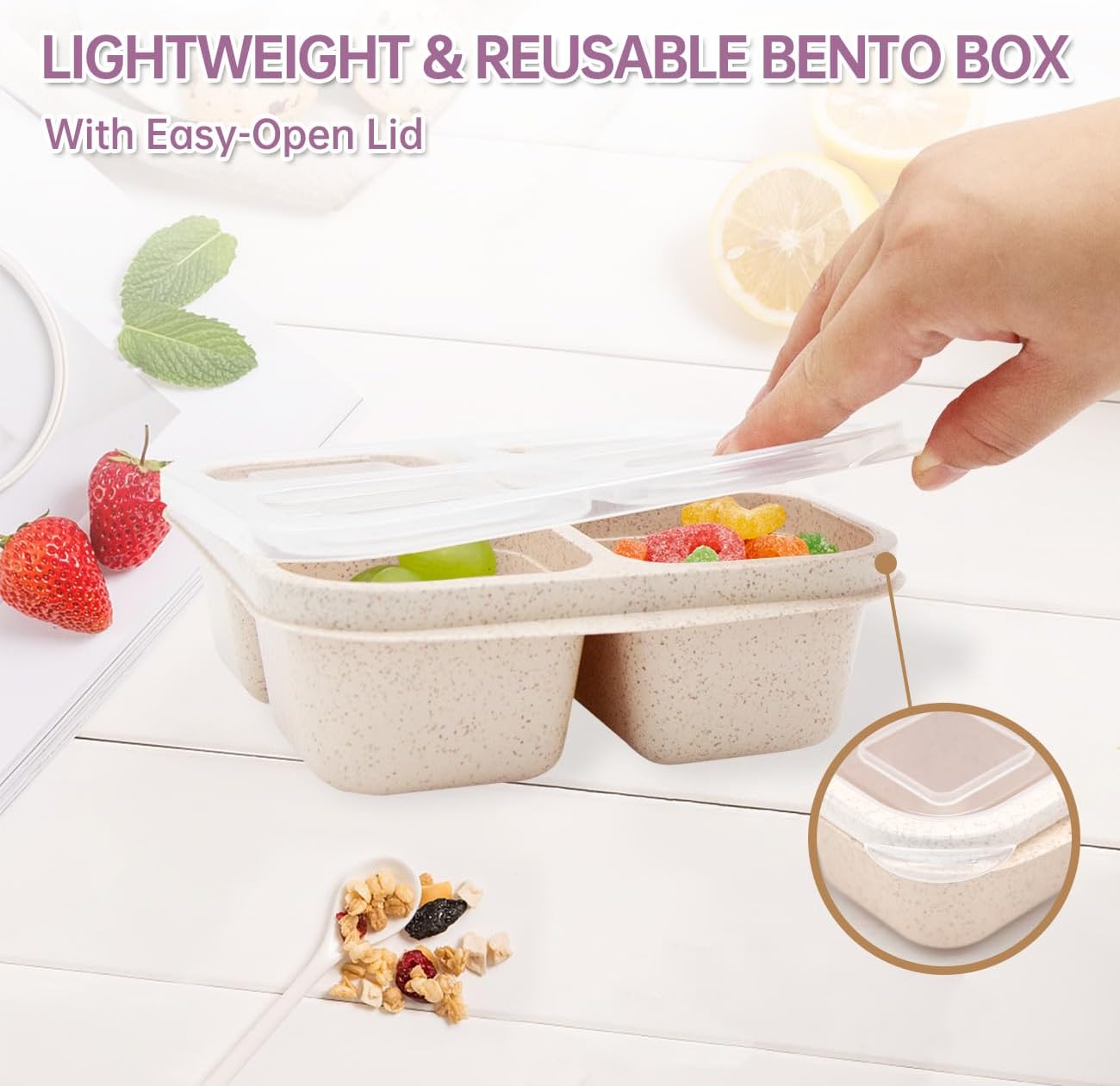 5 Pack Bento Lunch Box，4 Compartment Snack Containers，Divided Bento Snack Box，Meal Prep Lunch Containers, Lunch Box Kids/Toddle/Adults,Food Storage Containers for School, Work and Travel (5 pack) - Image 5