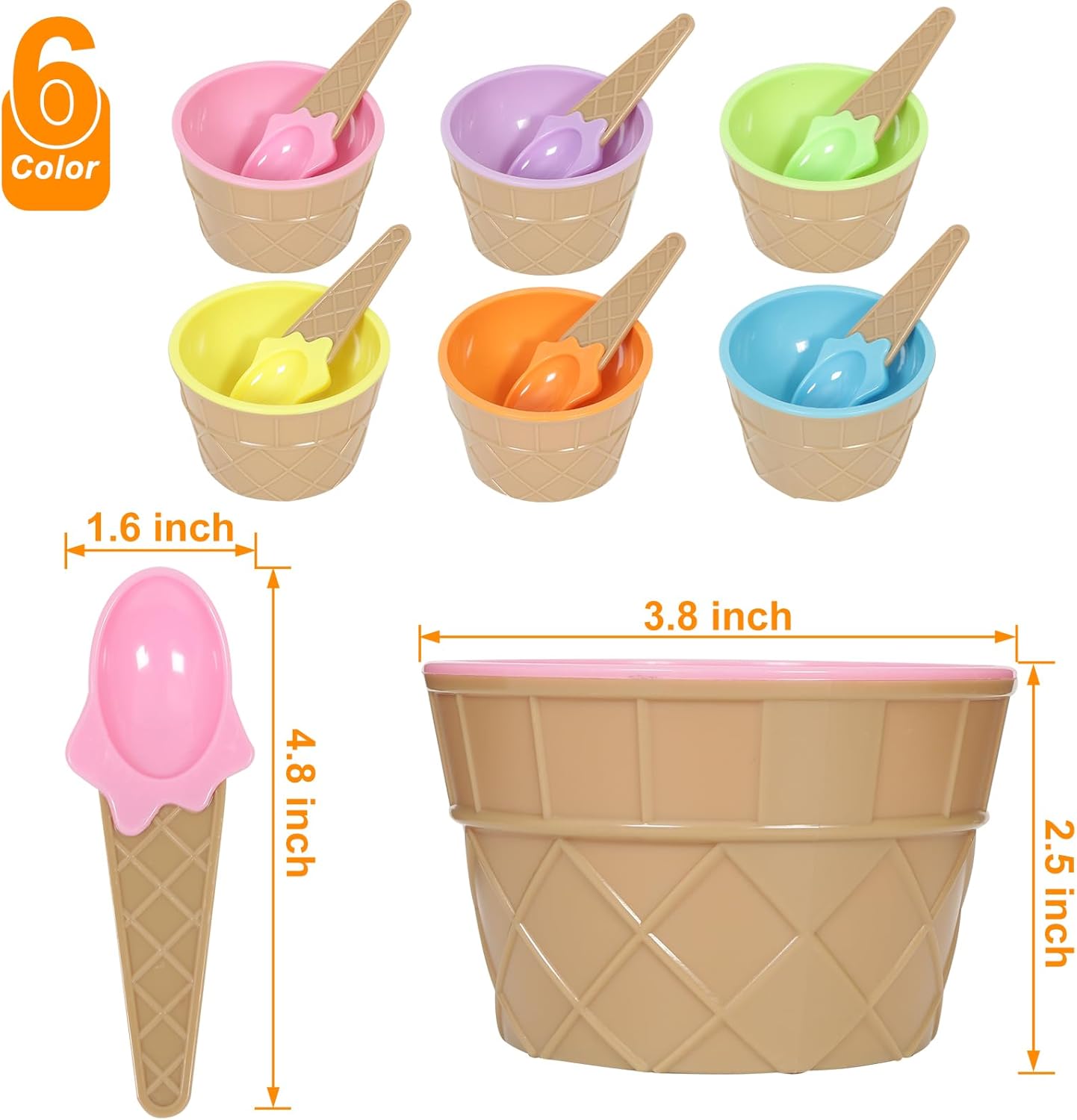 6 Pack Plastic Ice Cream Bowls with Spoons,Reusable Plastic ice Cream Cups,Cartoon Candy Colorice Cream Bowls Set for Sundae Frozen Yogurt Summer Holiday Parties - Image 2