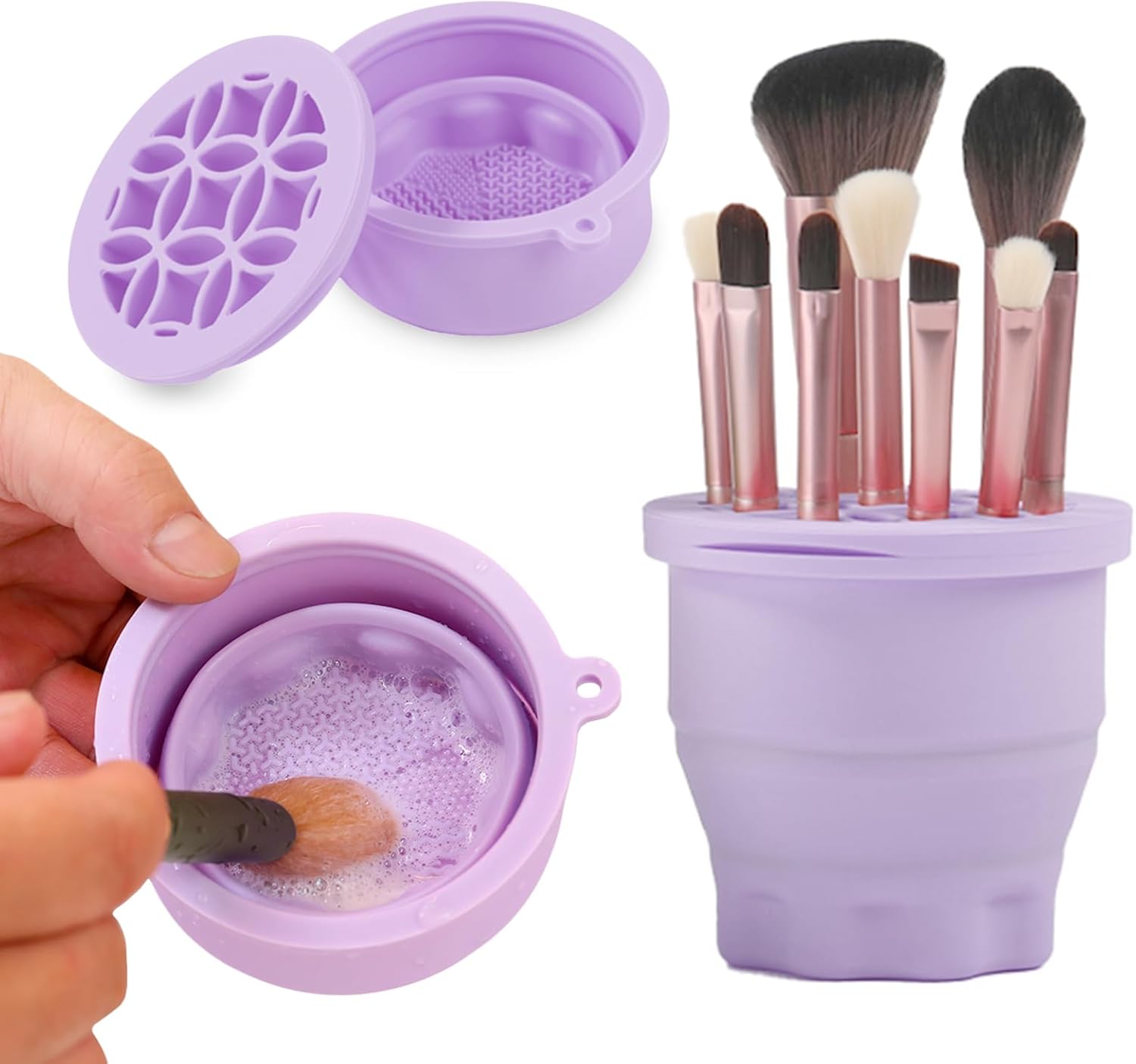 Makeup Brushes Cleaner Mat with Brush Storage Holder, Folding Portable Washing Tool for Makeup Brush Cleaning, 2 In 1 Silicone Brush Cleaner Pad & Cosmetic Brush Organizer Rack (Purple) - Image 1