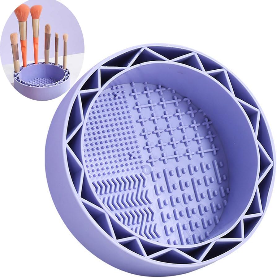 Makeup Brush Cleaner, Sillicon Brushes Cleaning Mat Brush Holder Bowl Prtable Cleaning Tool (Purple) - Image 1