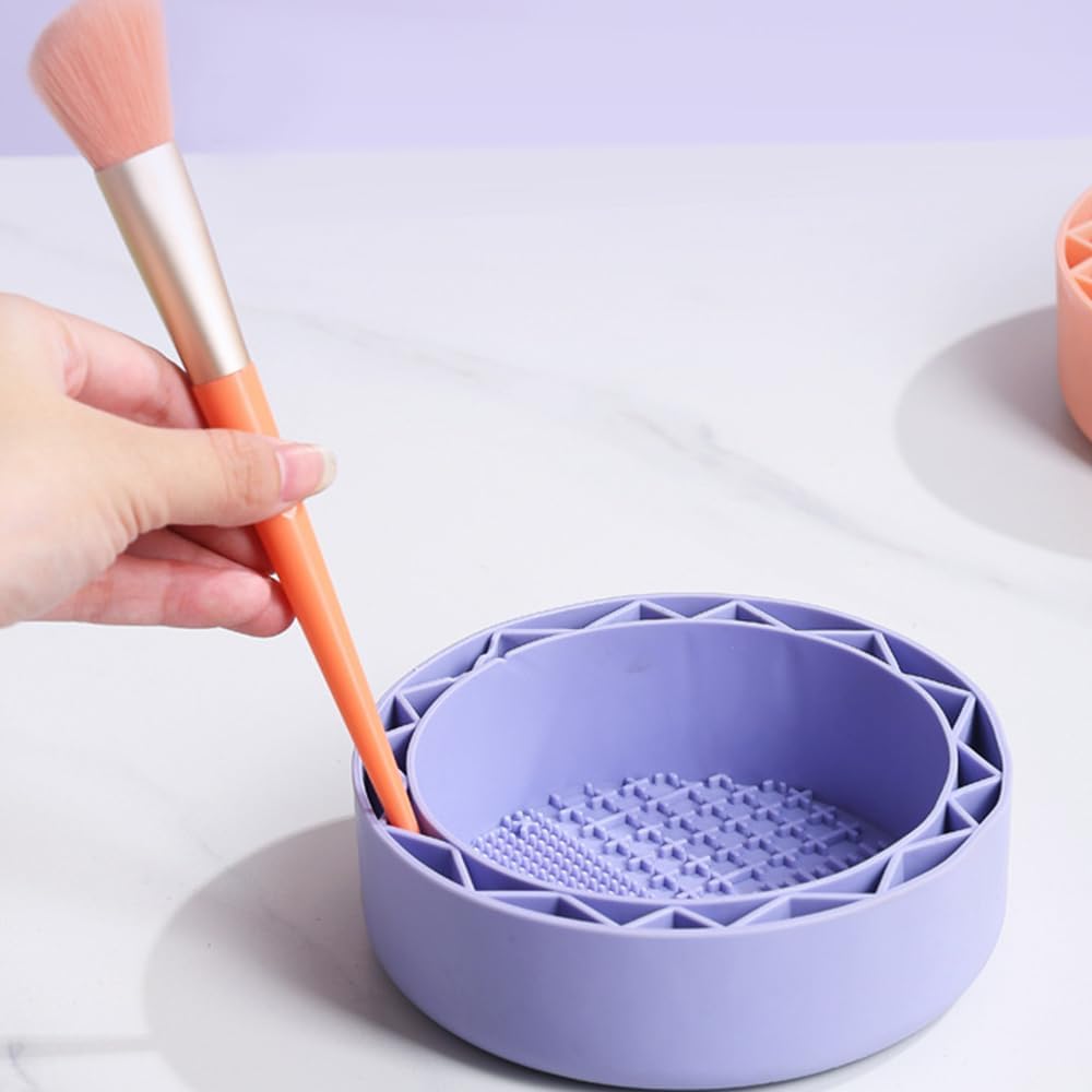Makeup Brush Cleaner, Sillicon Brushes Cleaning Mat Brush Holder Bowl Prtable Cleaning Tool (Purple) - Image 3