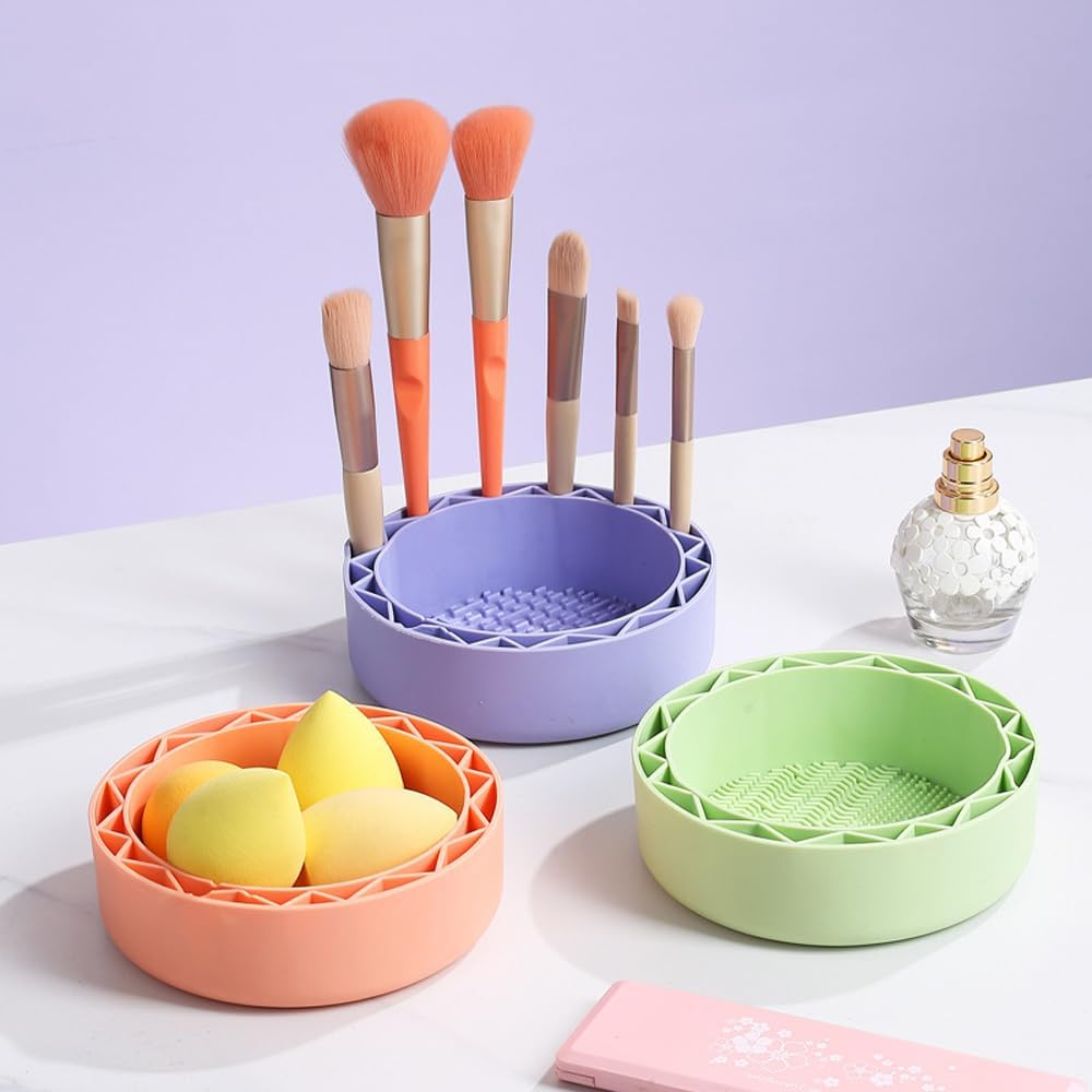 Makeup Brush Cleaner, Sillicon Brushes Cleaning Mat Brush Holder Bowl Prtable Cleaning Tool (Purple) - Image 6