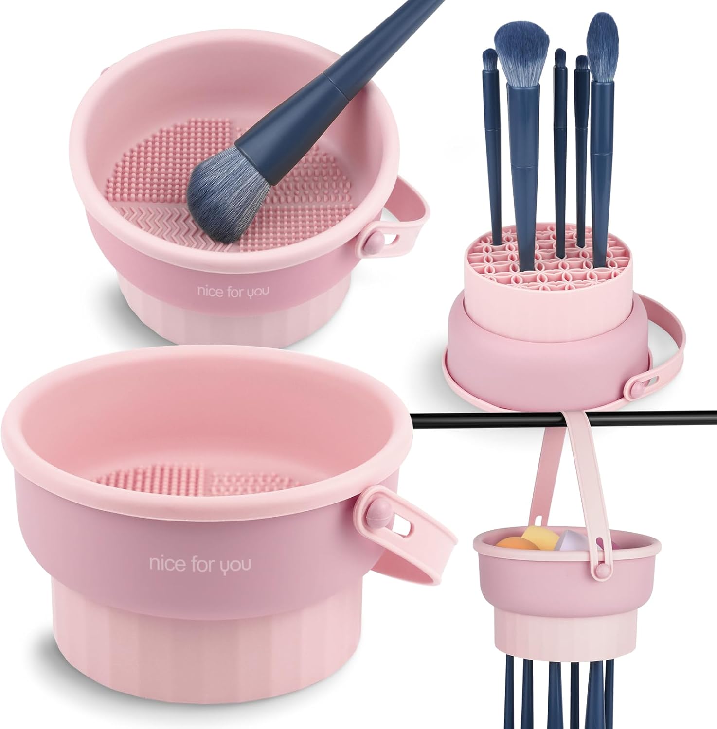 Makeup Brush Cleaner Mat 3 in 1 Silicone Makeup Brush Cleaning Bowl with Drying Holder Brush Cleaning Scrubber Tool Cosmetic Brush Cleaner with Holder for Storage Stand (Pink) - Image 1
