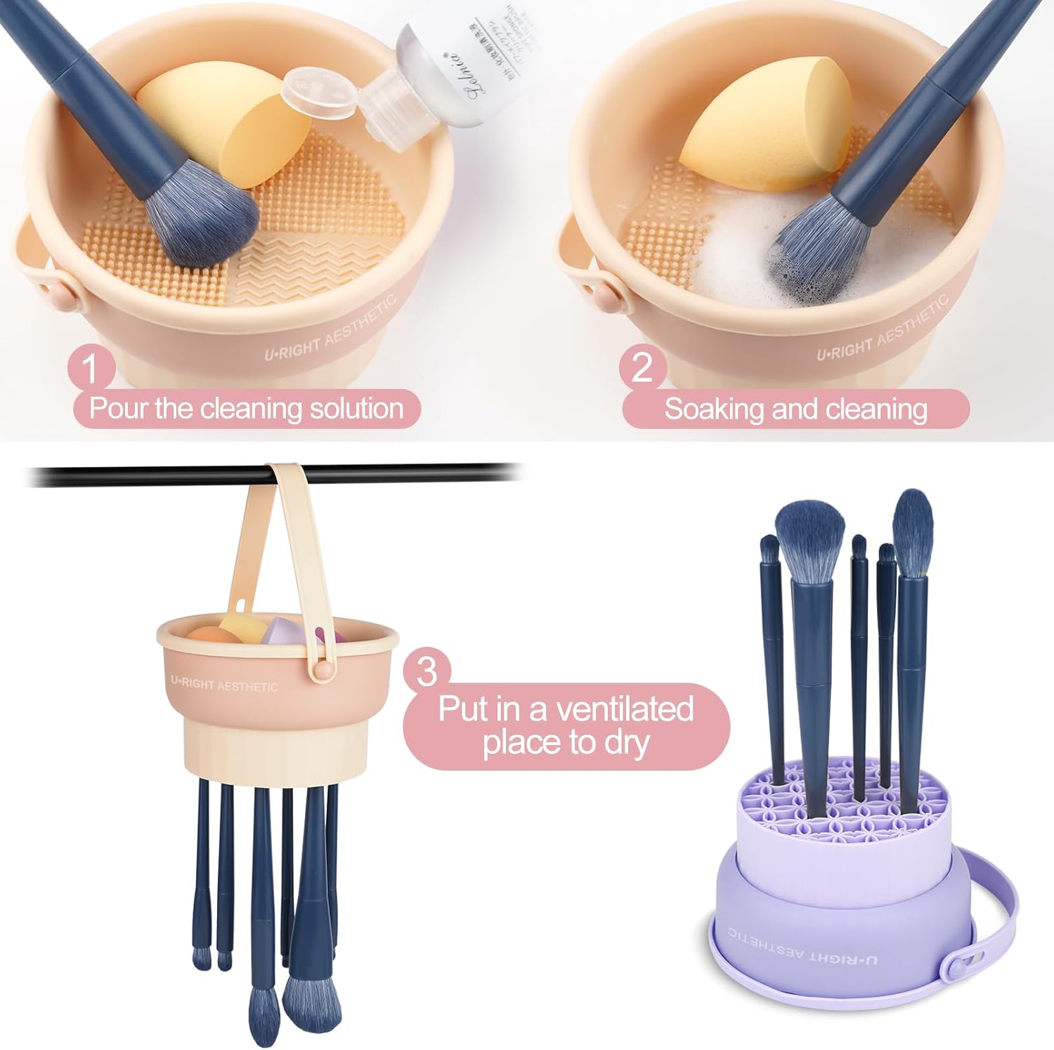 Makeup Brush Cleaner Mat 3 in 1 Silicone Makeup Brush Cleaning Bowl with Drying Holder Brush Cleaning Scrubber Tool Cosmetic Brush Cleaner with Holder for Storage Stand (Pink) - Image 2