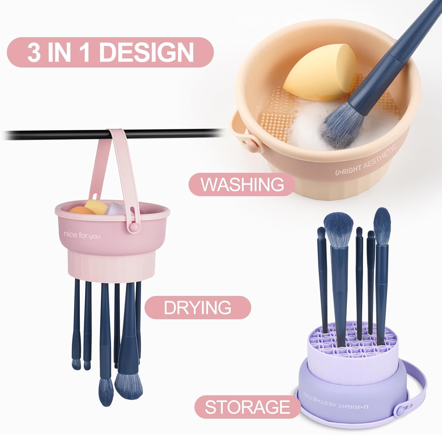 Makeup Brush Cleaner Mat 3 in 1 Silicone Makeup Brush Cleaning Bowl with Drying Holder Brush Cleaning Scrubber Tool Cosmetic Brush Cleaner with Holder for Storage Stand (Pink) - Image 4