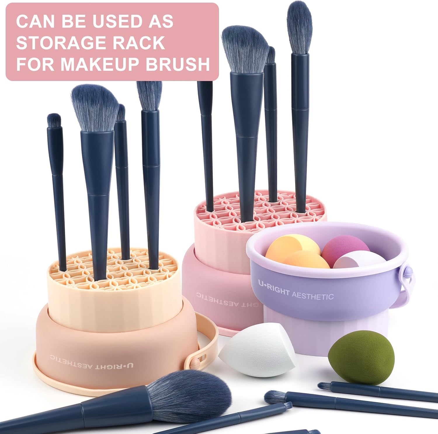 Makeup Brush Cleaner Mat 3 in 1 Silicone Makeup Brush Cleaning Bowl with Drying Holder Brush Cleaning Scrubber Tool Cosmetic Brush Cleaner with Holder for Storage Stand (Pink) - Image 6