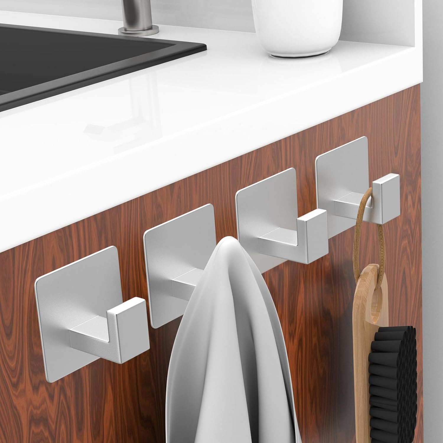 Adhesive Towel Hooks, 4 Pack Sticky Hooks for Hanging Heavy Duty, Coat/Towel Hooks Wall Hooks for Bathroom Kitchen Hotel (Silver) - Image 2