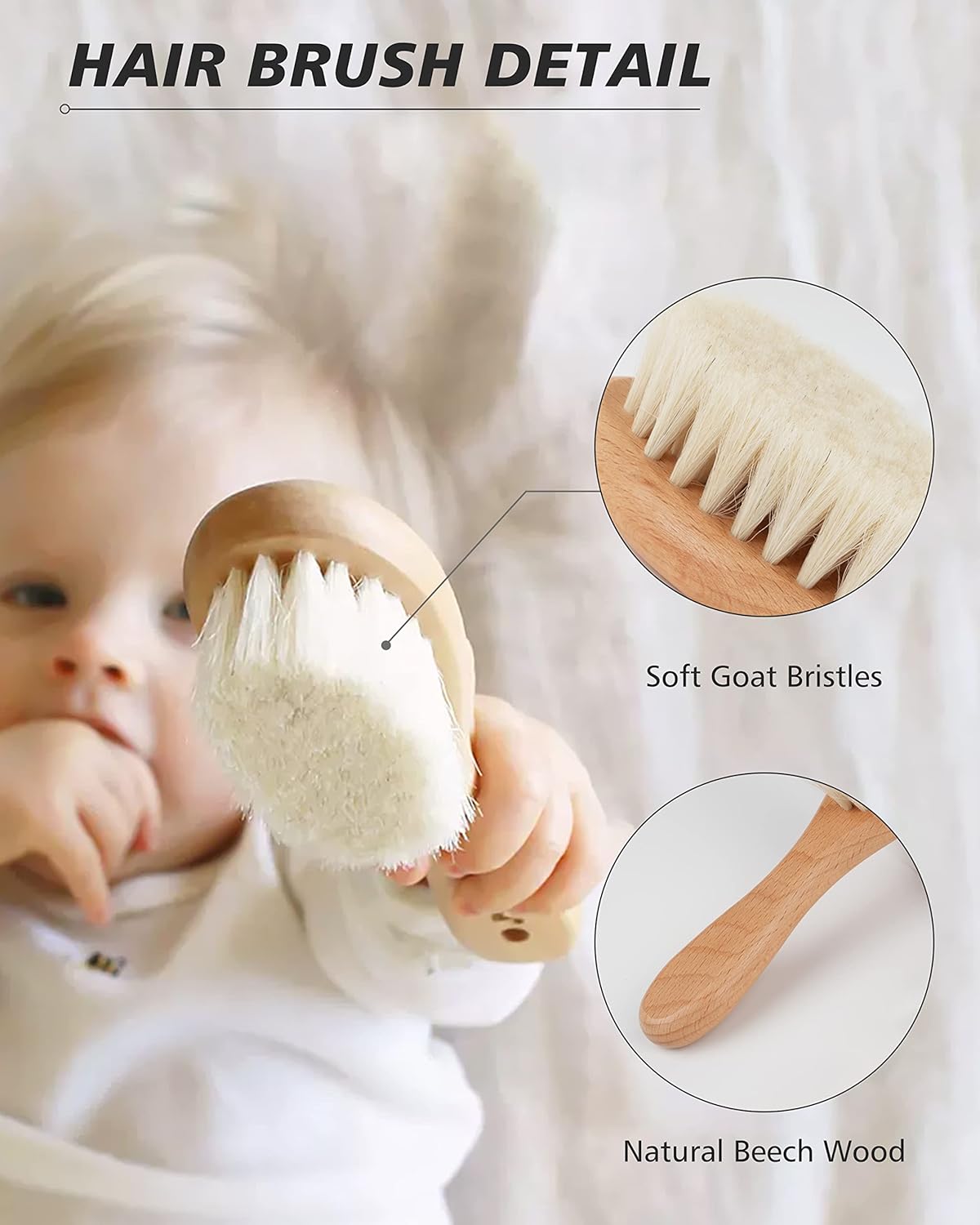 Baby Hair Brush, 2 Pcs Baby Hair Brush with Wooden Handle, Natural Soft Goat Bristles Cradle Cap Brush for Newborns & Toddlers - Image 3