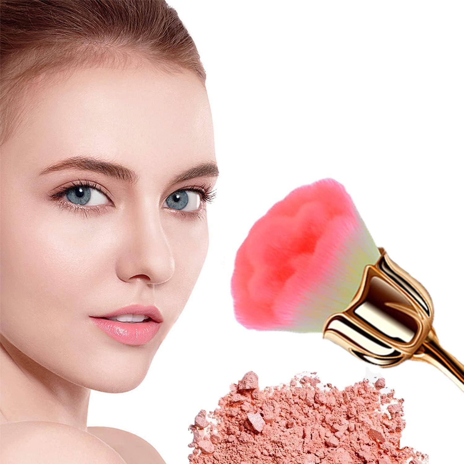2 Pieces Rose Makeup Brushes Blush Brush Super Large Face Powder Makeup Brushes kabuki brushes for Powder Cosmetic Nail Dust Brush Loose Powder Brush Makeup Manicure (Gold/Pink) - Image 2