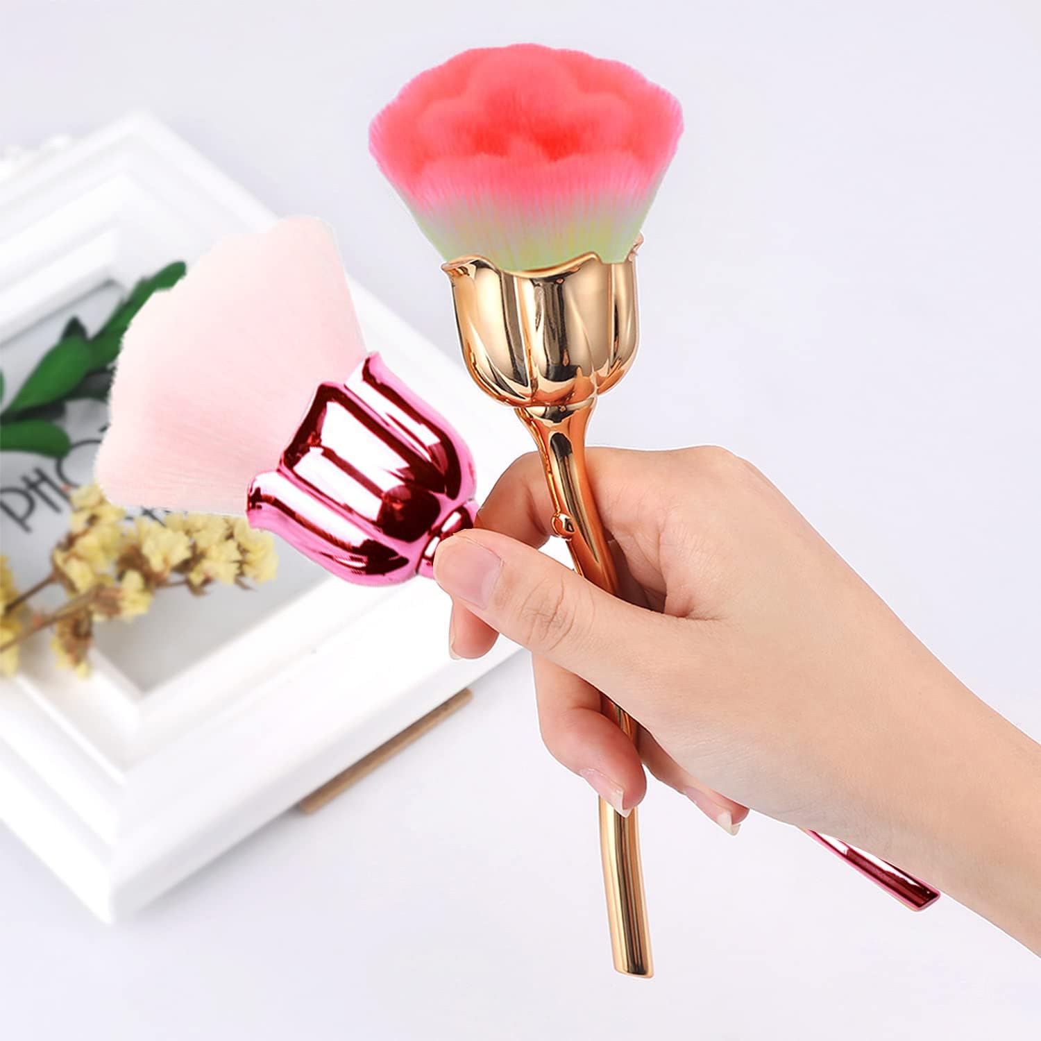 2 Pieces Rose Makeup Brushes Blush Brush Super Large Face Powder Makeup Brushes kabuki brushes for Powder Cosmetic Nail Dust Brush Loose Powder Brush Makeup Manicure (Gold/Pink) - Image 4