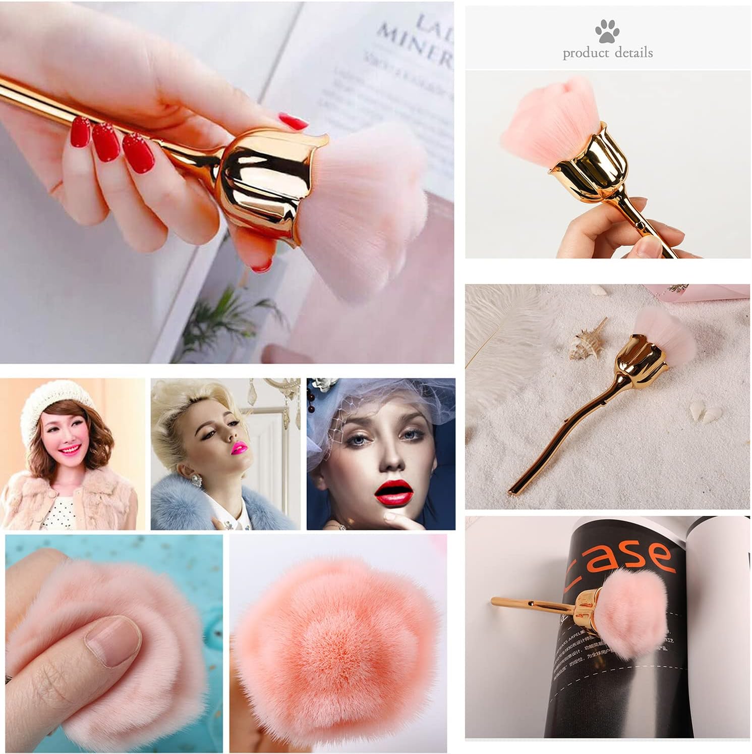 2 Pieces Rose Makeup Brushes Blush Brush Super Large Face Powder Makeup Brushes kabuki brushes for Powder Cosmetic Nail Dust Brush Loose Powder Brush Makeup Manicure (Gold/Pink) - Image 7