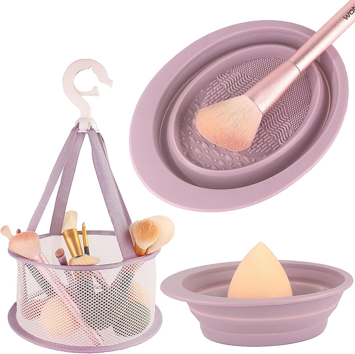 Makeup Brush Cleaning Mat & Hanging Drying Net, Foldable Silicone Makeup Brush Cleaner Brush Cleaning Pad cleaning bowl with Mesh Drying Rack Basket to dry Makeup Sponge, powder puff, brush (Purple) - Image 1