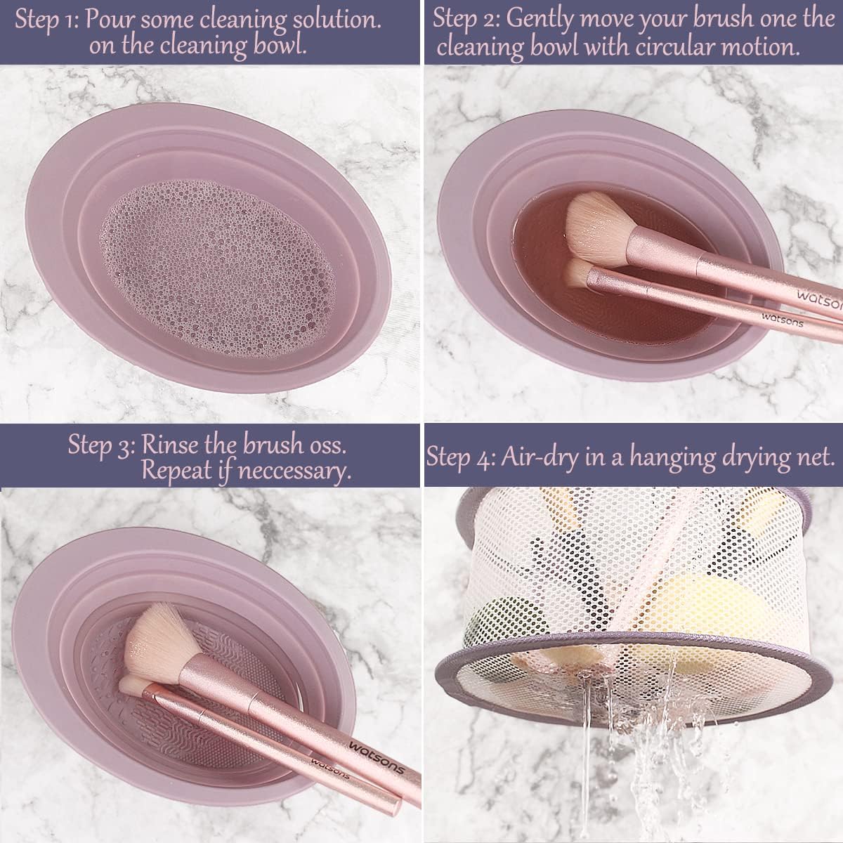 Makeup Brush Cleaning Mat & Hanging Drying Net, Foldable Silicone Makeup Brush Cleaner Brush Cleaning Pad cleaning bowl with Mesh Drying Rack Basket to dry Makeup Sponge, powder puff, brush (Purple) - Image 2