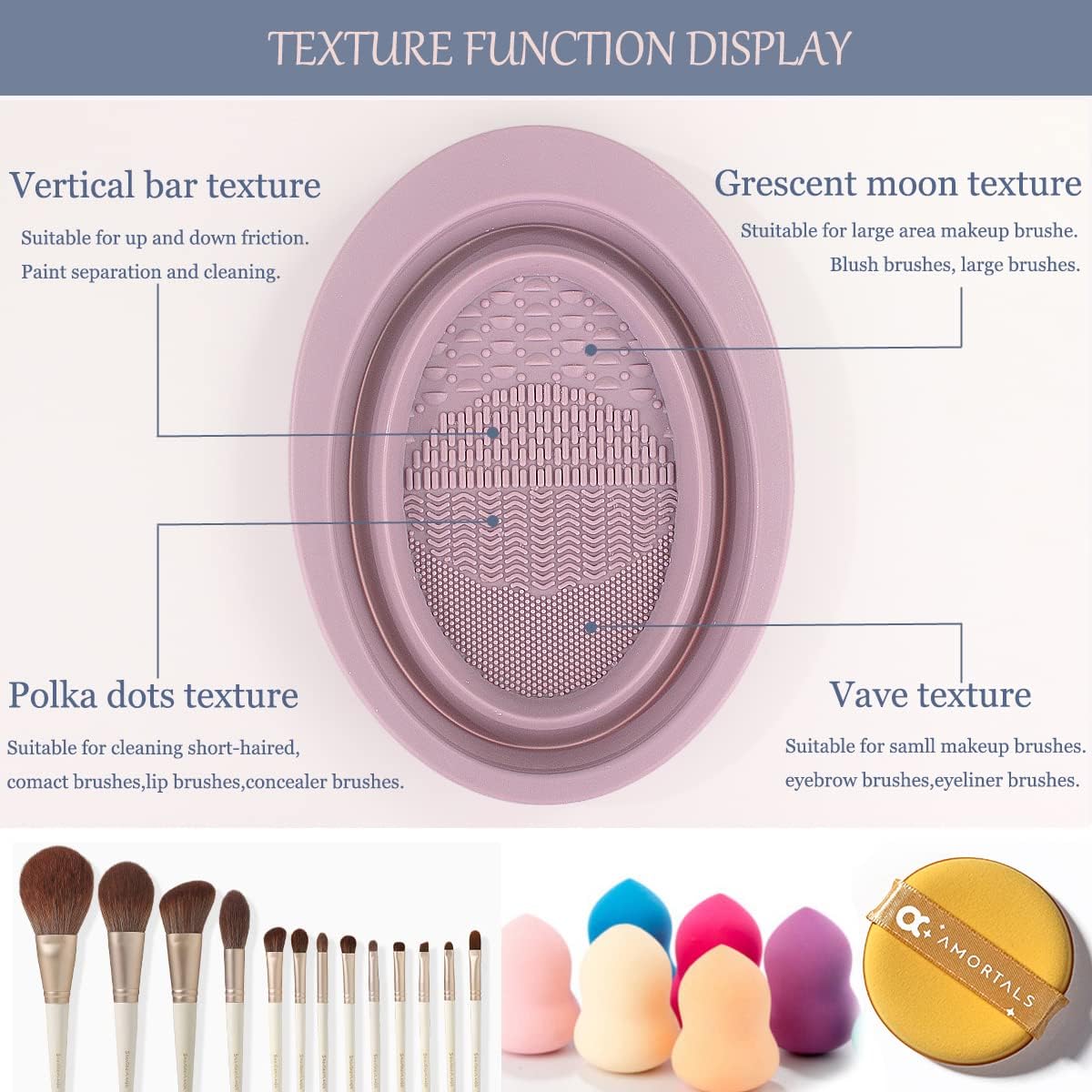 Makeup Brush Cleaning Mat & Hanging Drying Net, Foldable Silicone Makeup Brush Cleaner Brush Cleaning Pad cleaning bowl with Mesh Drying Rack Basket to dry Makeup Sponge, powder puff, brush (Purple) - Image 3