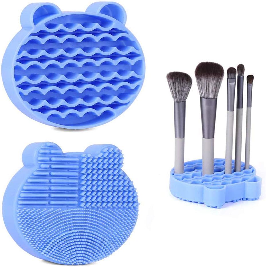 Makeup Brush Cleaning Mat, 2 in 1 Silicone Brush Cleaner Pad with Brushes Drying Holder,Portable Travel Cosmetic Brush Dryer Pad Washing Tool, Blue - Image 1