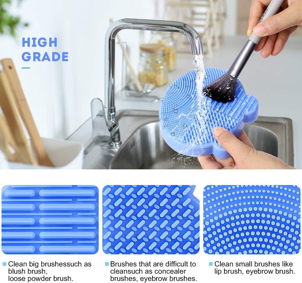 Makeup Brush Cleaning Mat, 2 in 1 Silicone Brush Cleaner Pad with Brushes Drying Holder,Portable Travel Cosmetic Brush Dryer Pad Washing Tool, Blue - Image 3
