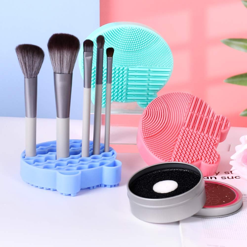 Makeup Brush Cleaning Mat, 2 in 1 Silicone Brush Cleaner Pad with Brushes Drying Holder,Portable Travel Cosmetic Brush Dryer Pad Washing Tool, Blue - Image 8